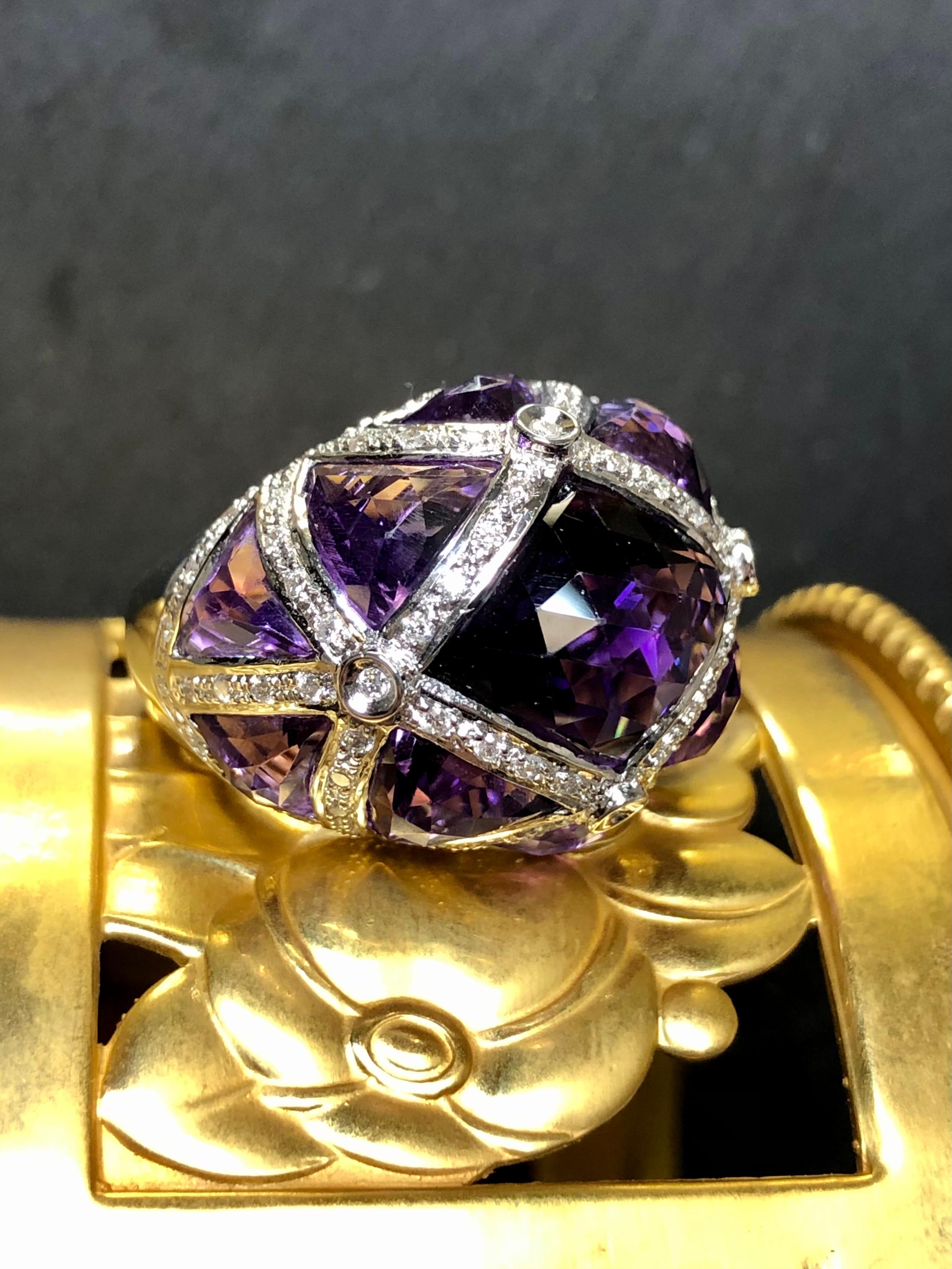 Contemporary Estate 18K Fancy Cut Amethyst Diamond Bombe Style Cocktail Dome Ring 12.84cttw