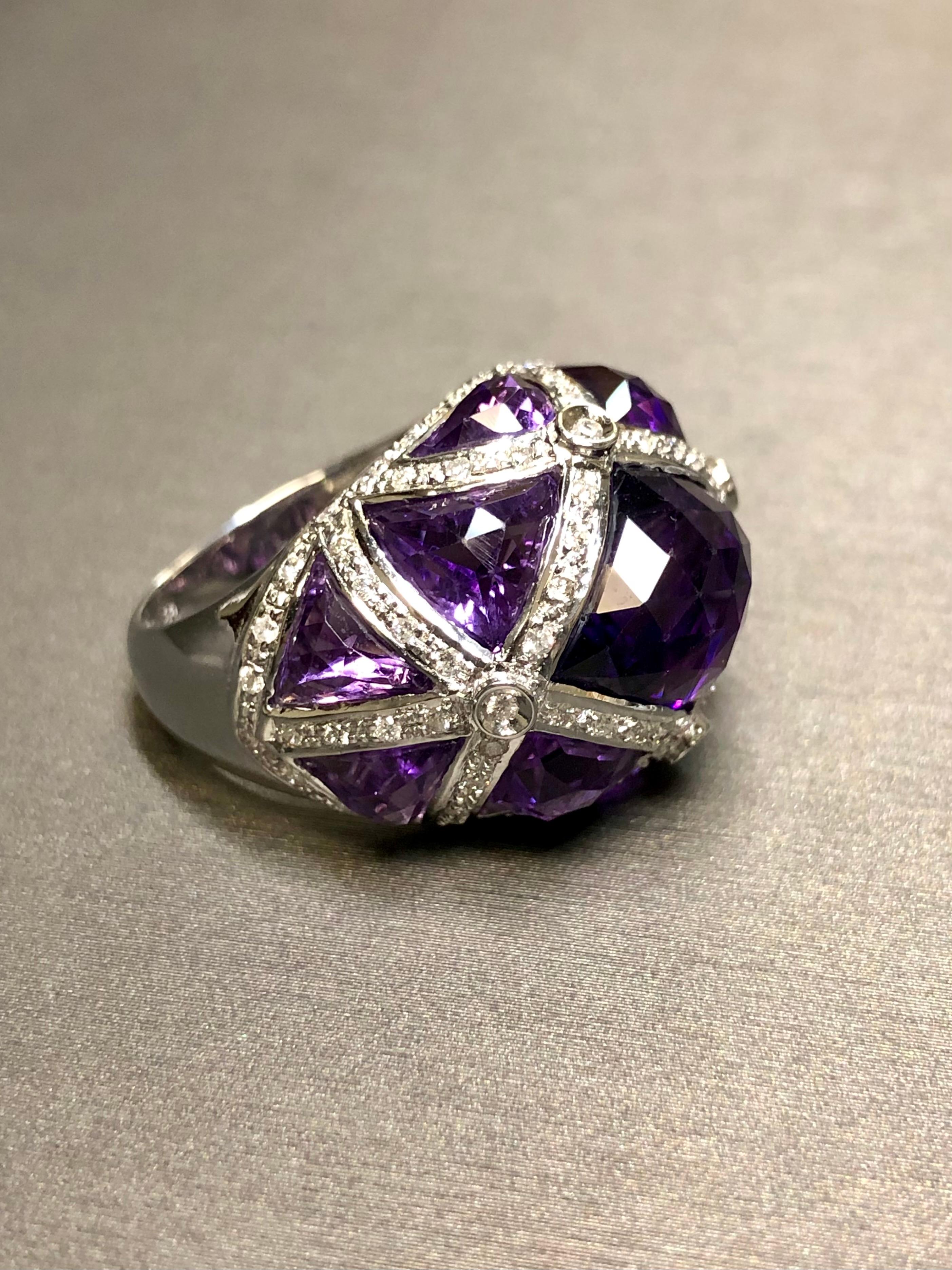 Estate 18K Fancy Cut Amethyst Diamond Bombe Style Cocktail Dome Ring 12.84cttw In Good Condition In Winter Springs, FL