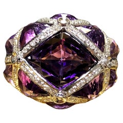 Estate 18K Fancy Cut Amethyst Diamond Bombe Style Cocktail Dome Ring 12.84cttw