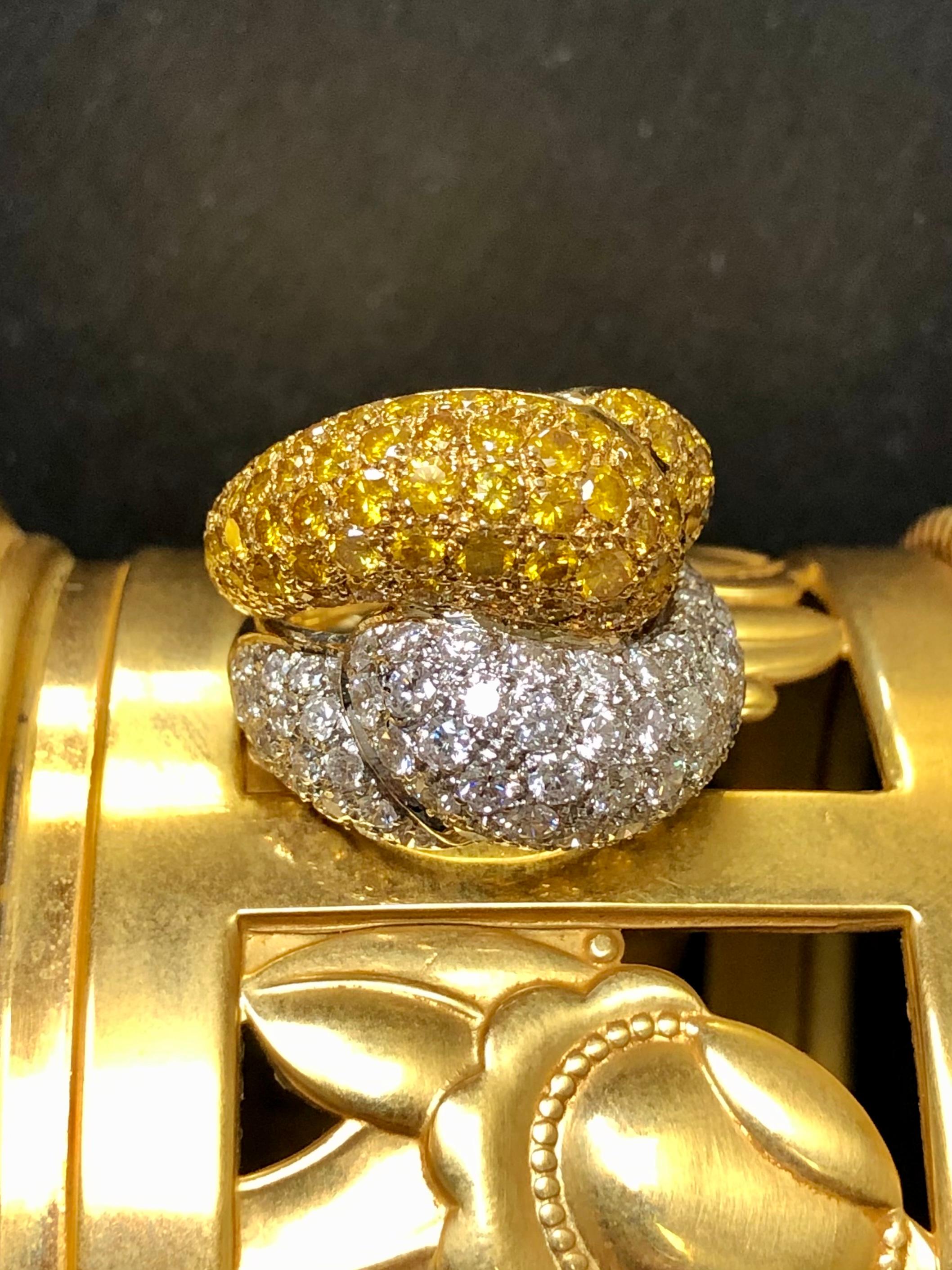 Contemporary Estate 18k Fancy Yellow White Pave Diamond Bypass Ring 6.30cttw 6.75 For Sale