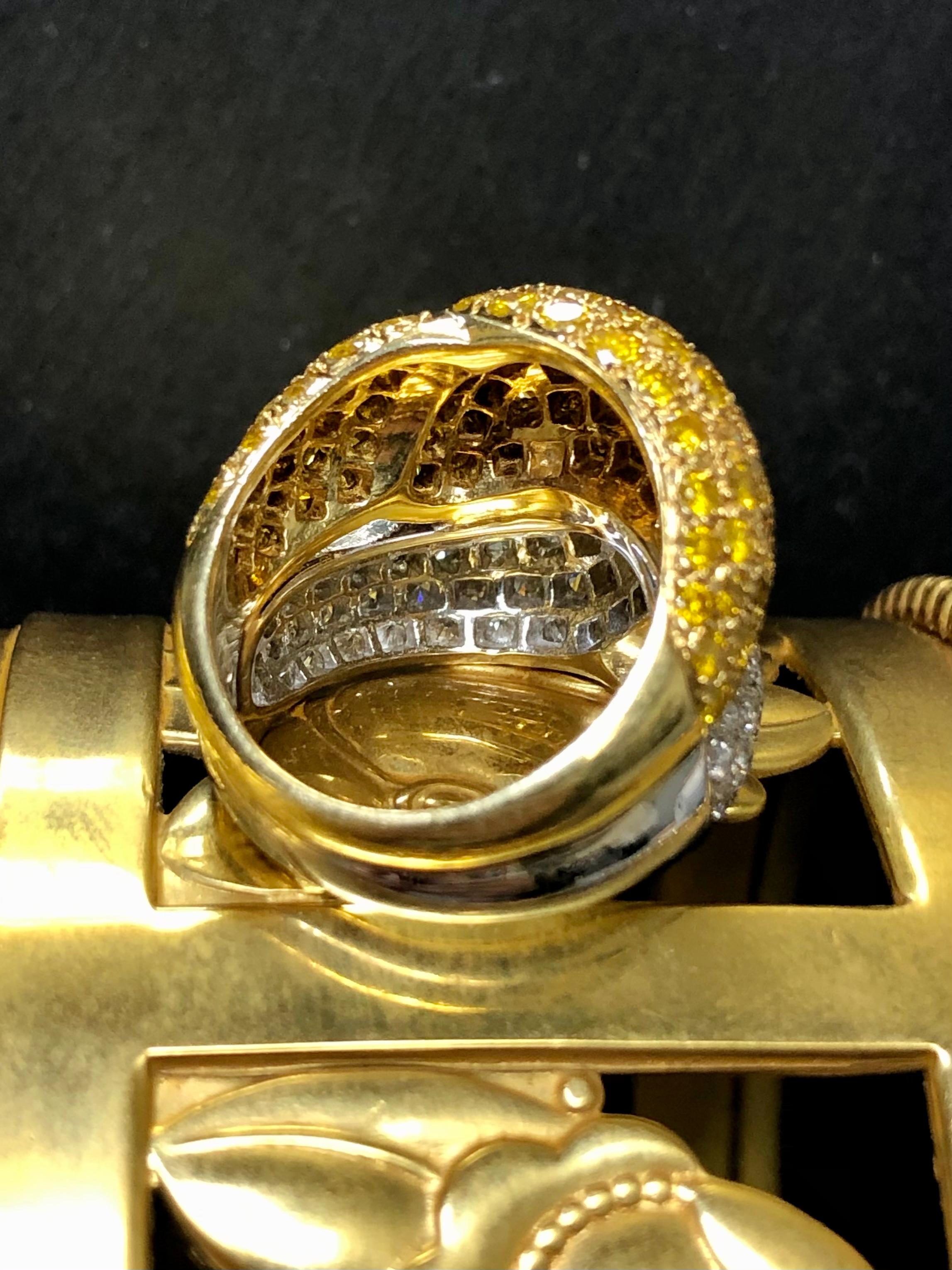Estate 18k Fancy Yellow White Pave Diamond Bypass Ring 6.30cttw 6.75 In Good Condition For Sale In Winter Springs, FL