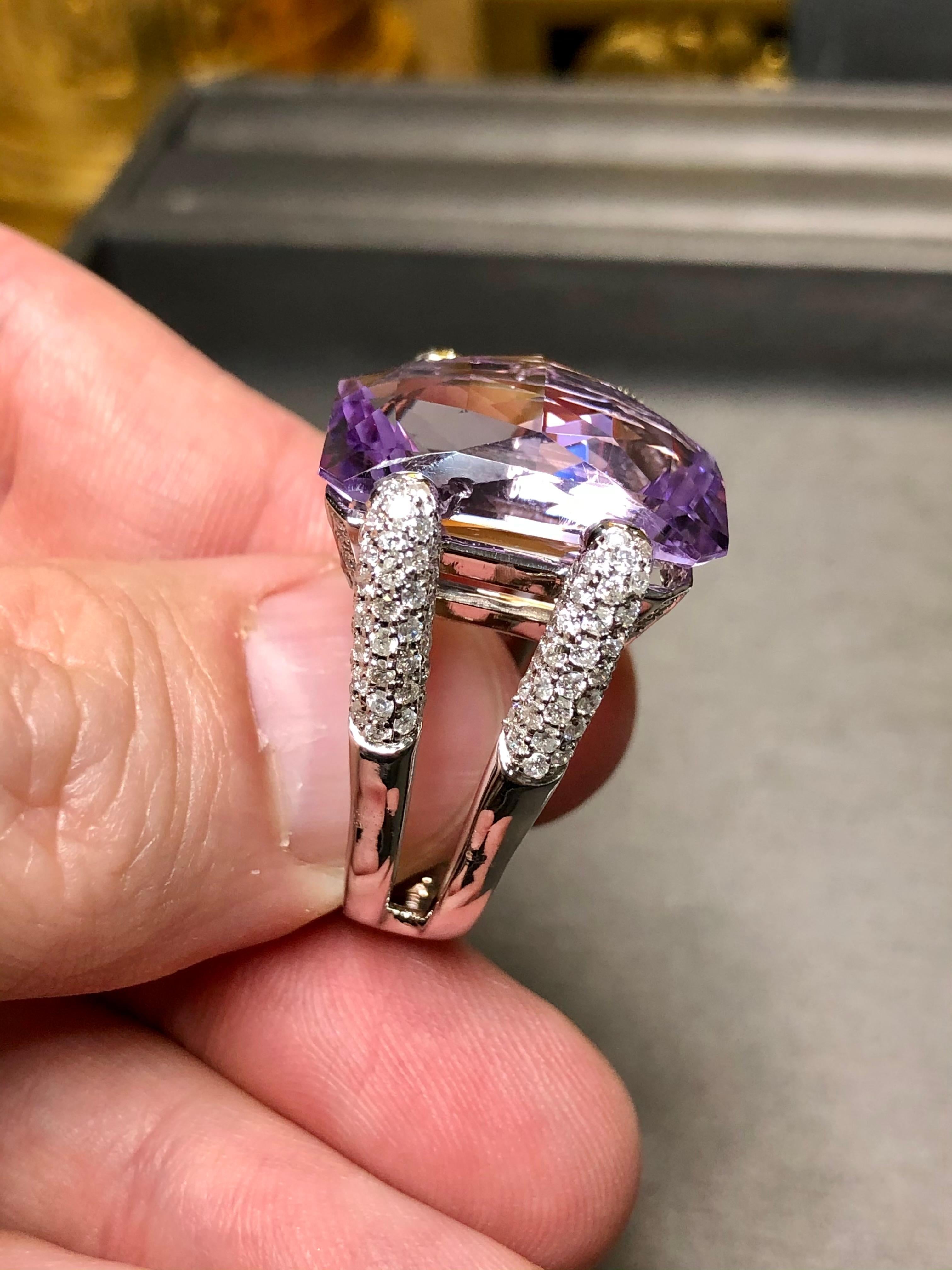 Estate 18K Fantasy Cut Amethyst Pave Diamond Cocktail Ring Sz 7 22.84cttw For Sale 3