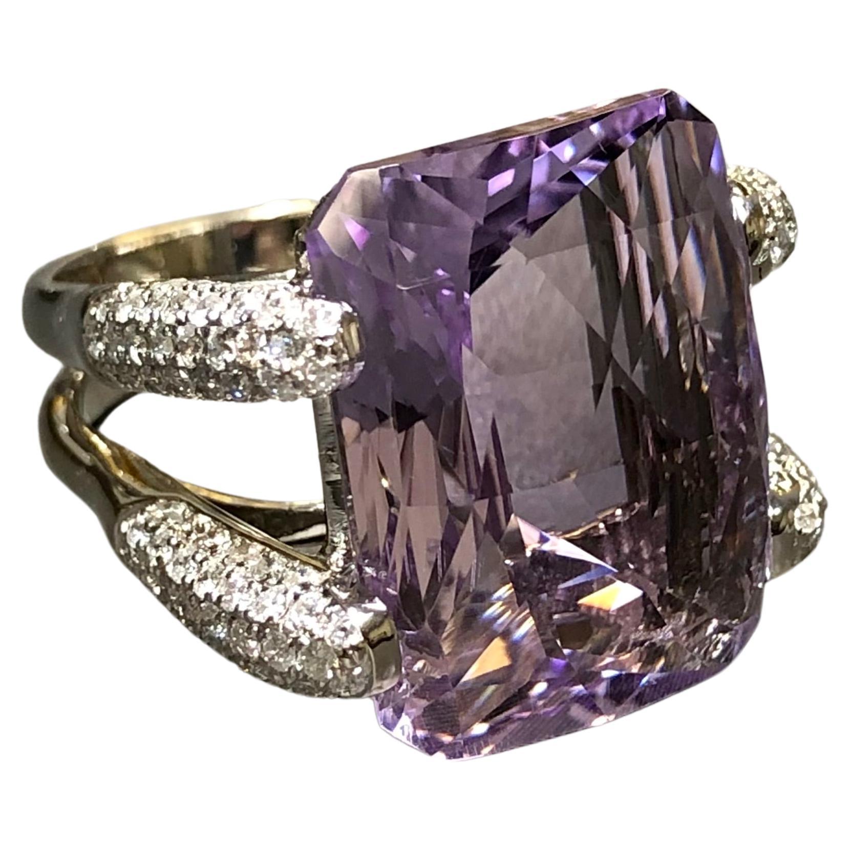Estate 18K Fantasy Cut Amethyst Pave Diamond Cocktail Ring Sz 7 22.84cttw For Sale