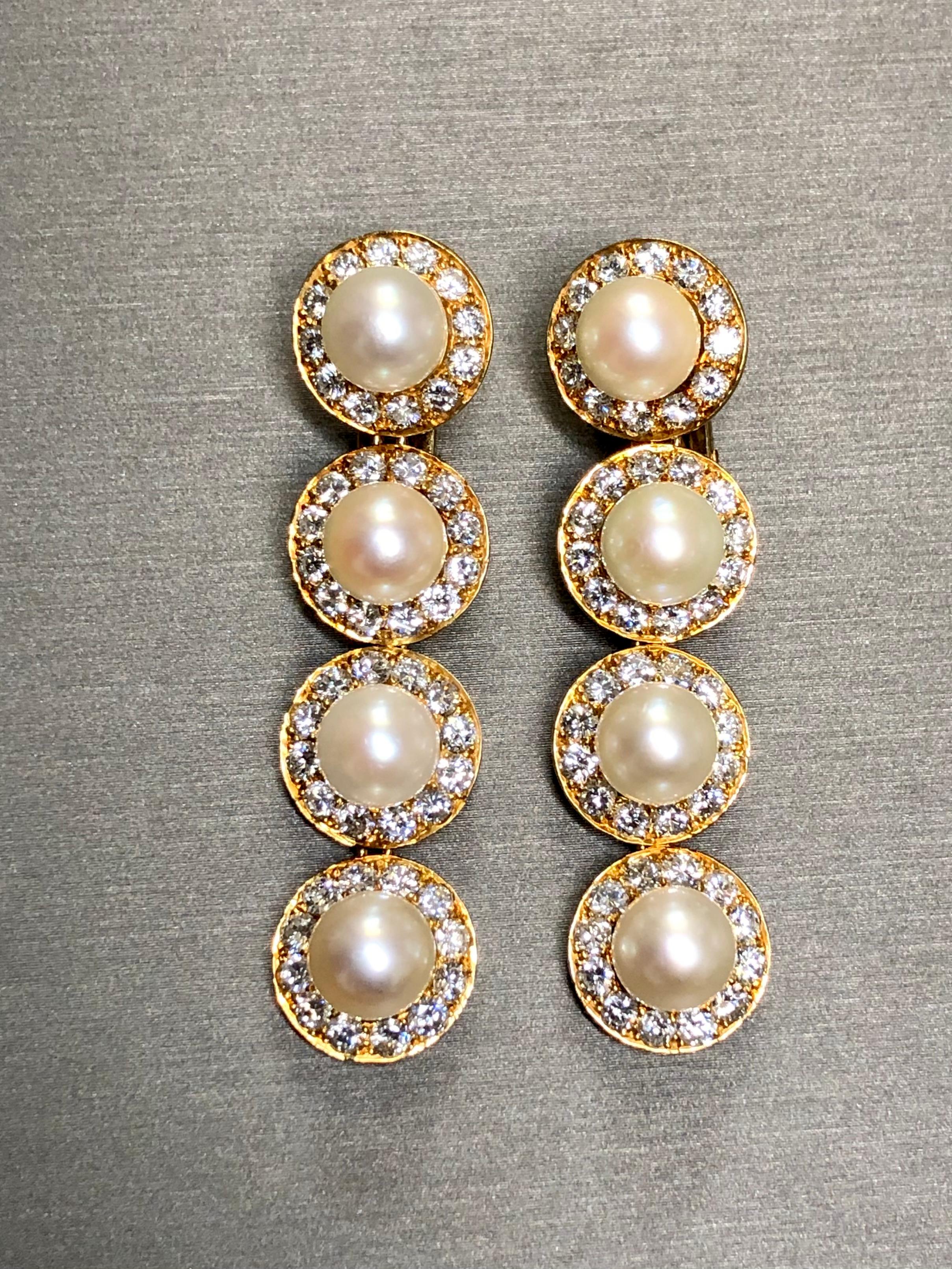 Estate 18K Fine Diamond & Pearl Long Drop Omega Back Earrings 6.75cttw F-Vs+ For Sale 4