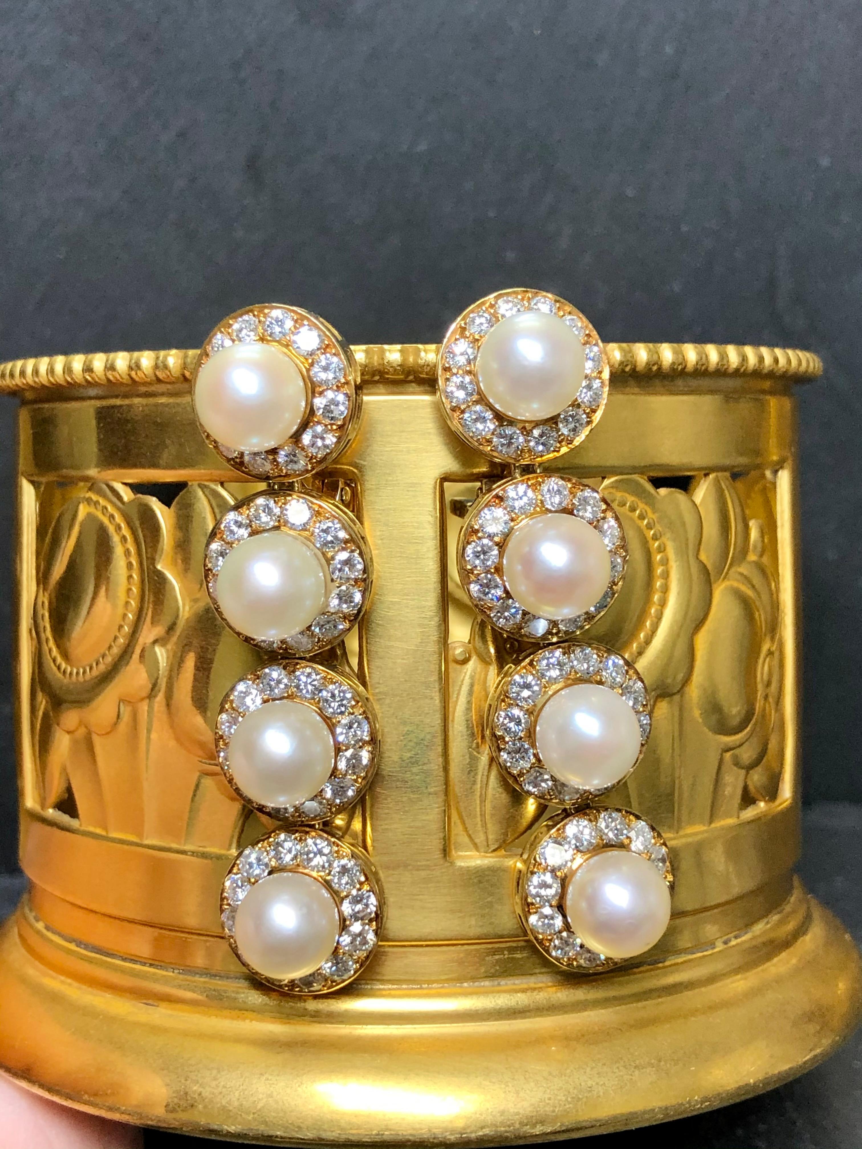 Contemporary Estate 18K Fine Diamond & Pearl Long Drop Omega Back Earrings 6.75cttw F-Vs+ For Sale