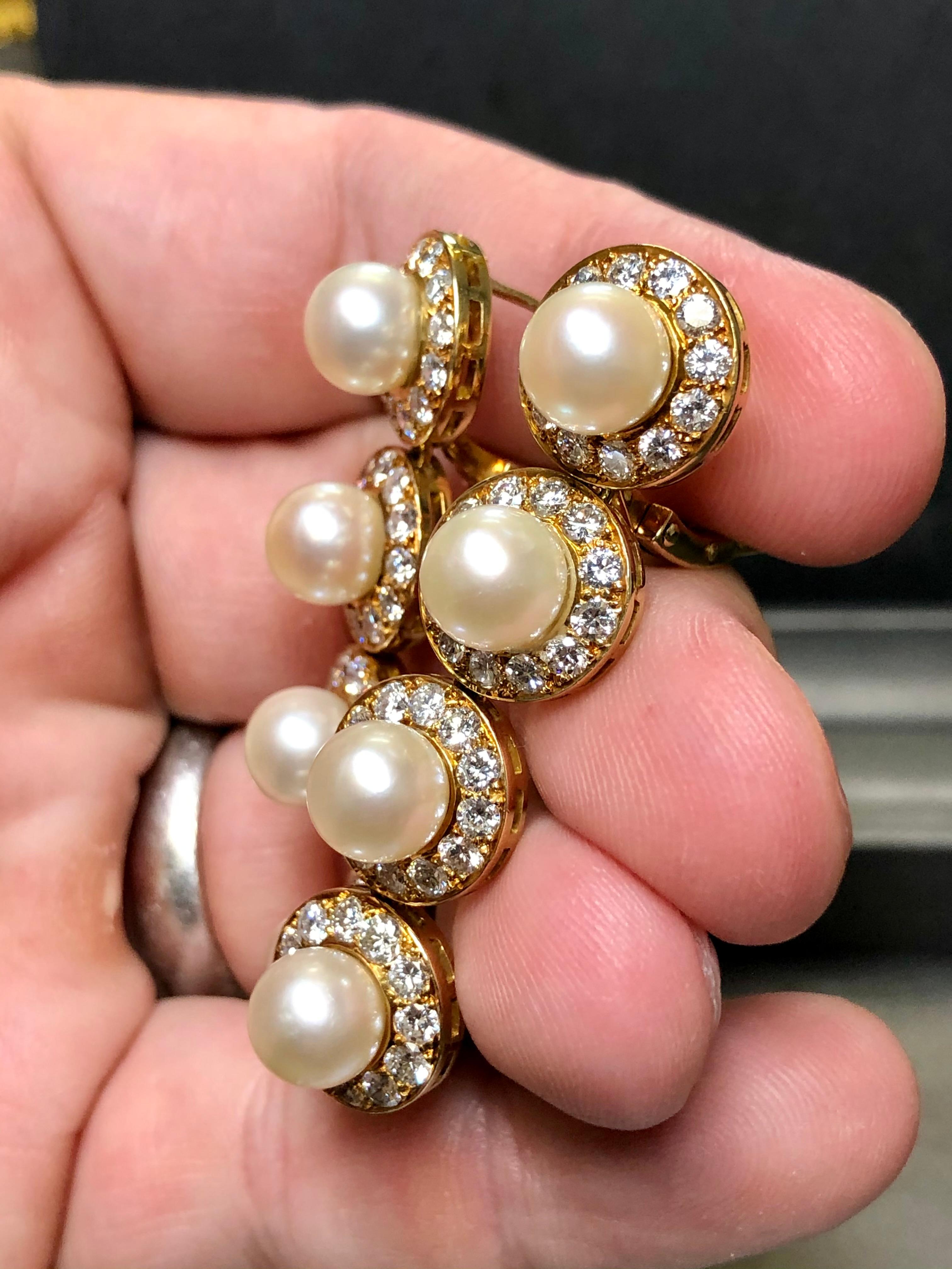Women's or Men's Estate 18K Fine Diamond & Pearl Long Drop Omega Back Earrings 6.75cttw F-Vs+ For Sale