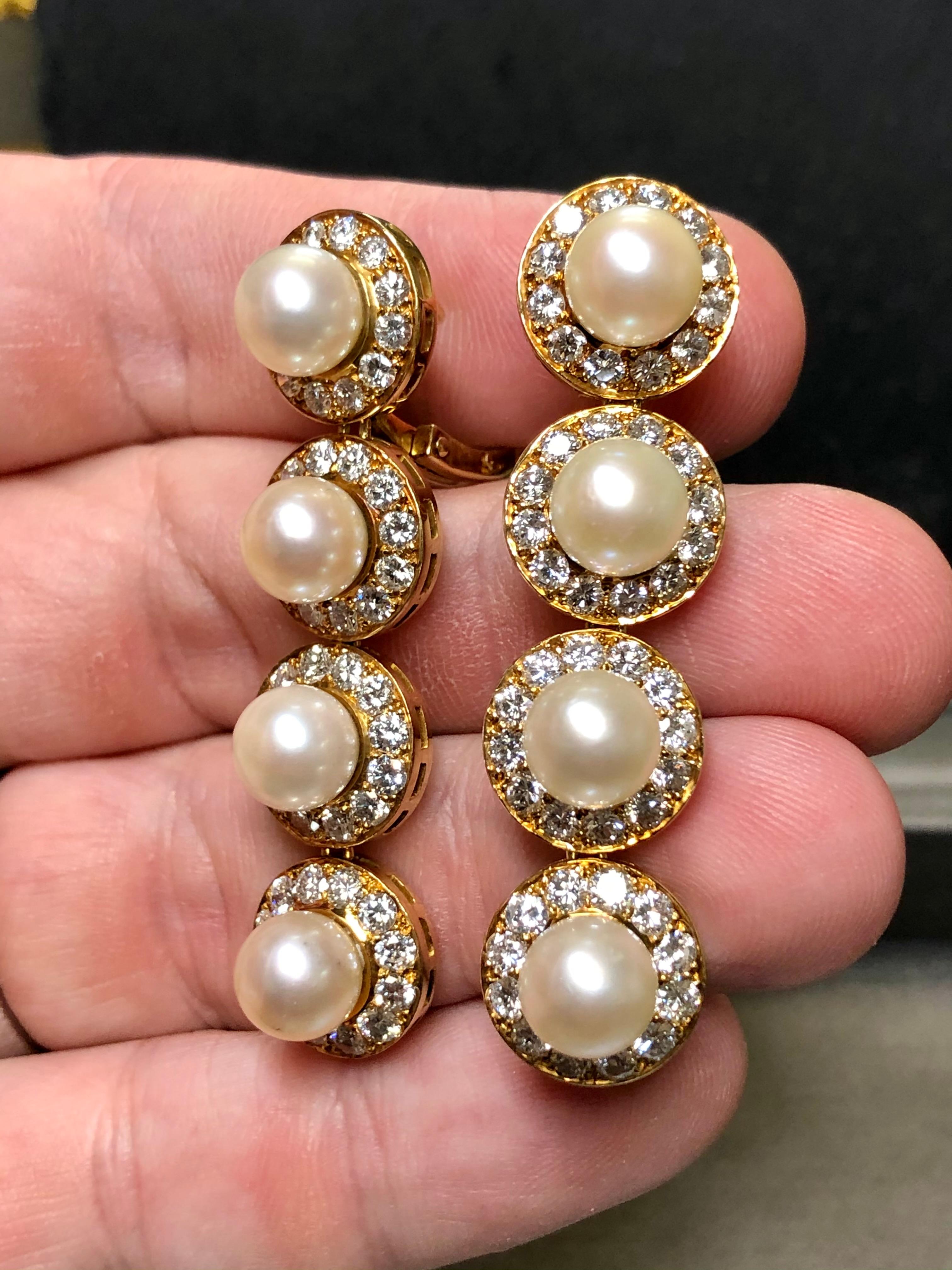Estate 18K Fine Diamond & Pearl Long Drop Omega Back Earrings 6.75cttw F-Vs+ For Sale 1