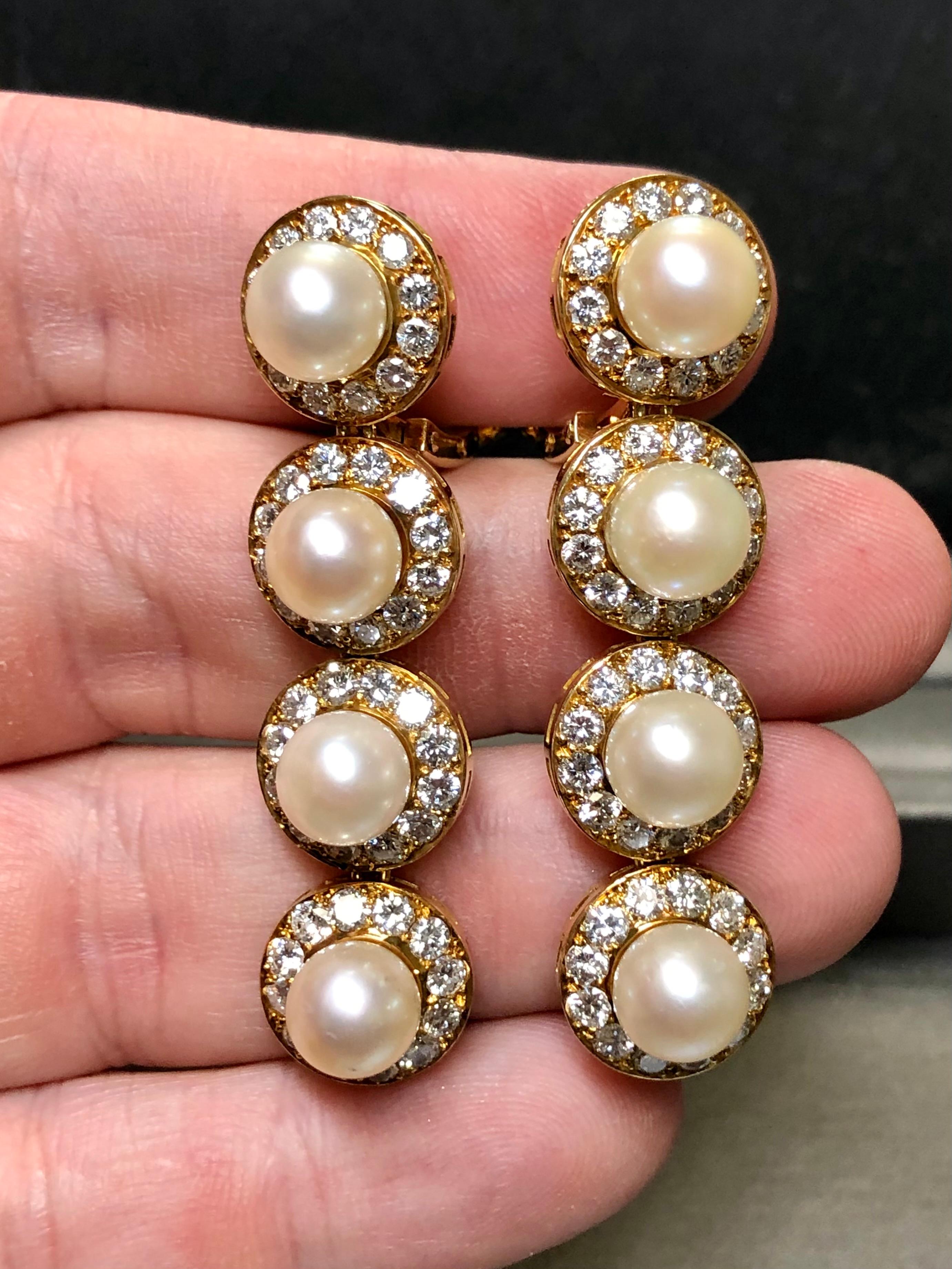 Estate 18K Fine Diamond & Pearl Long Drop Omega Back Earrings 6.75cttw F-Vs+ For Sale 2