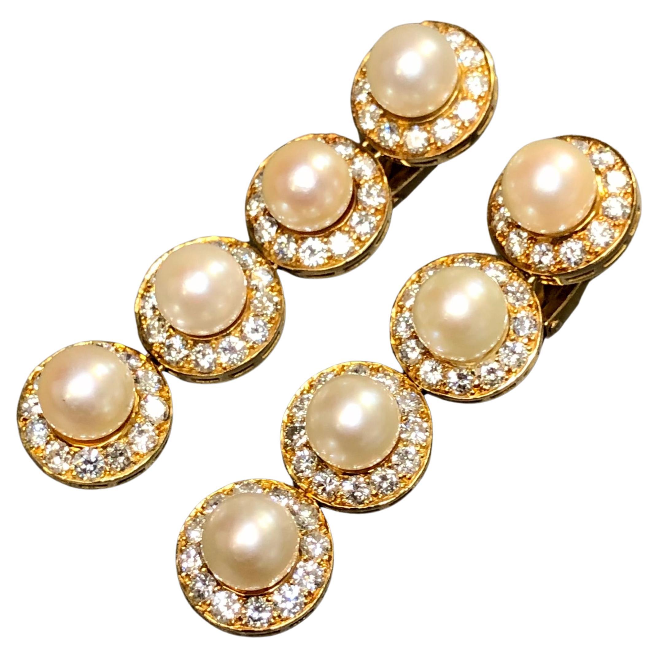 Estate 18K Fine Diamond & Pearl Long Drop Omega Back Earrings 6.75cttw F-Vs+ For Sale