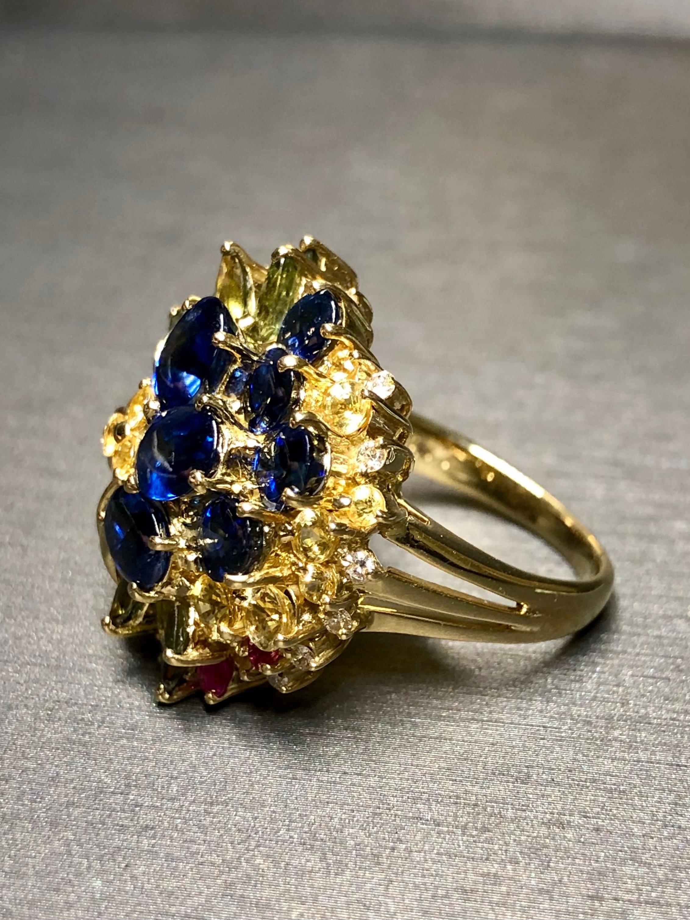 Estate 18K Floral Diamond Blue Green Pink Sapphire Cocktail Ring 7 ...