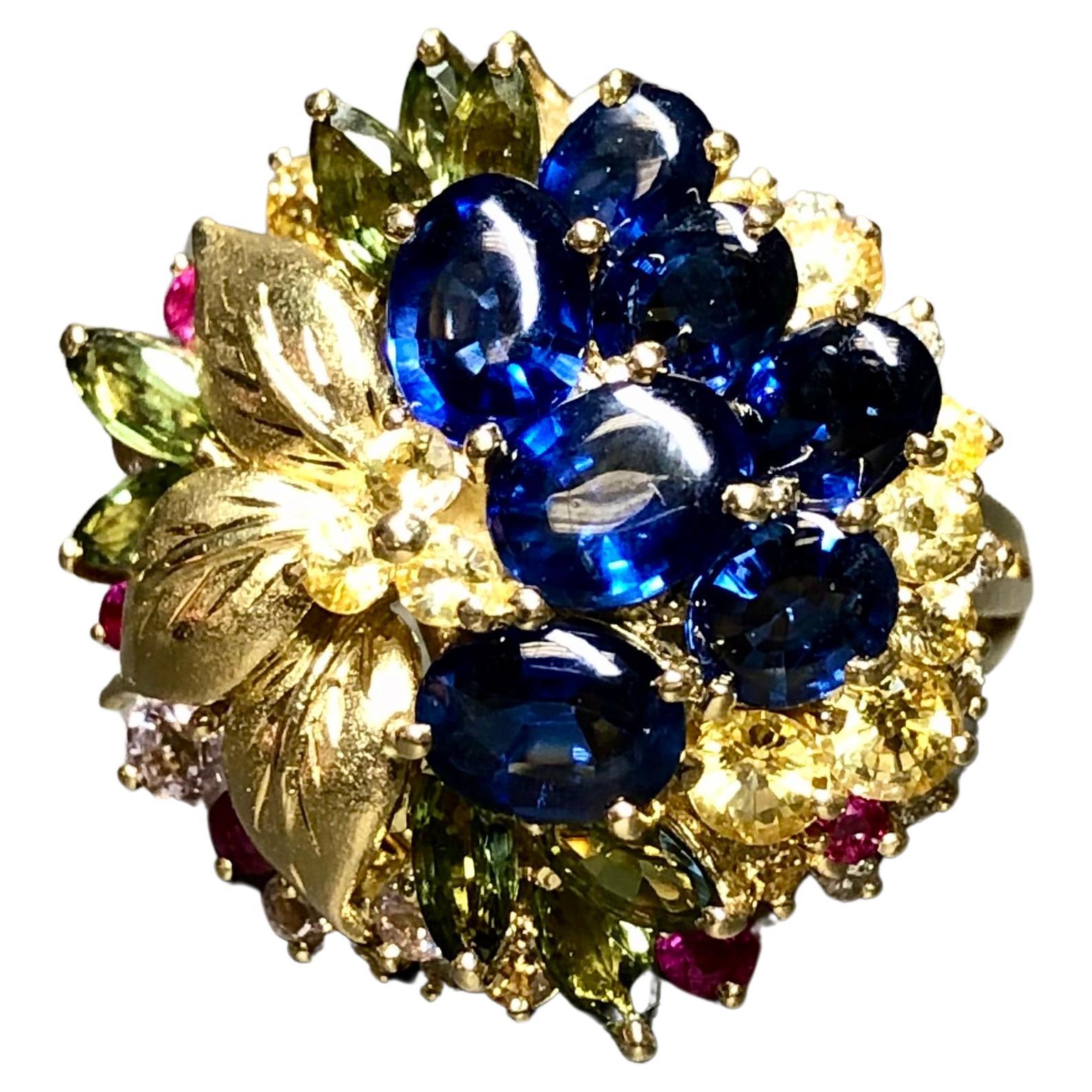 Estate 18K Floral Diamond Blue Green Pink Sapphire Cocktail Ring 7 ...