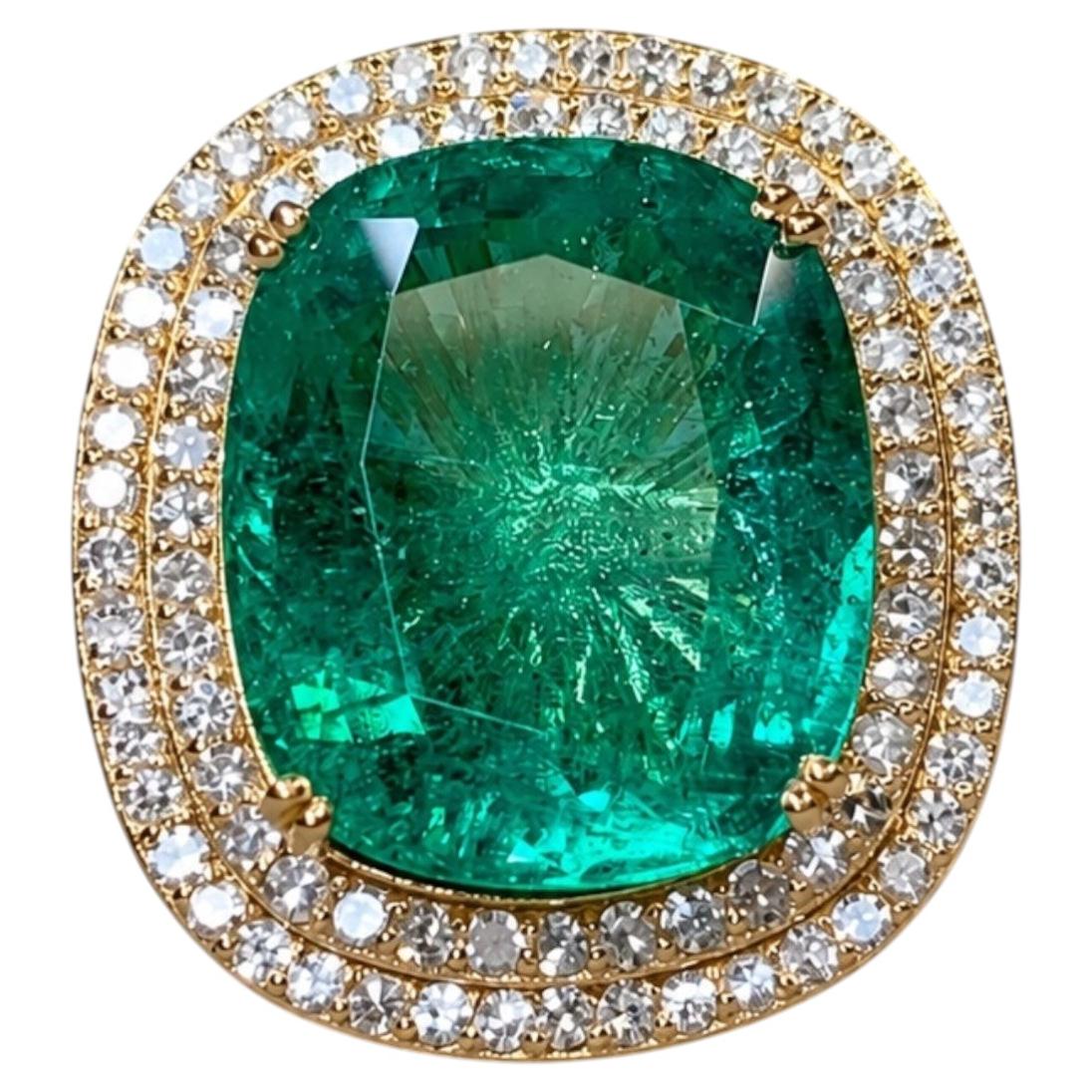 Estate 18K GIA 9.94ct Cushion Zambian Emerald & Diamond Large Cocktail Ring