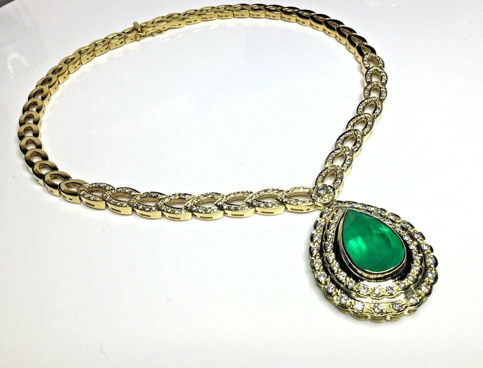 Women's or Men's Estate 18K GIA Certified 22.39 CTW Colombian Emerald & Diamond Designer Necklace For Sale