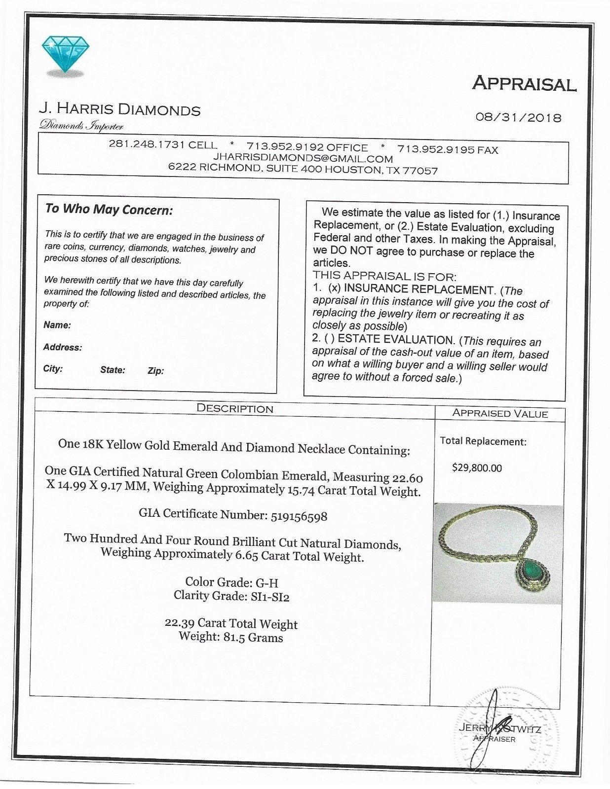 Retro Estate 18K GIA Certified 22.39 CTW Colombian Emerald & Diamond Designer Necklace For Sale