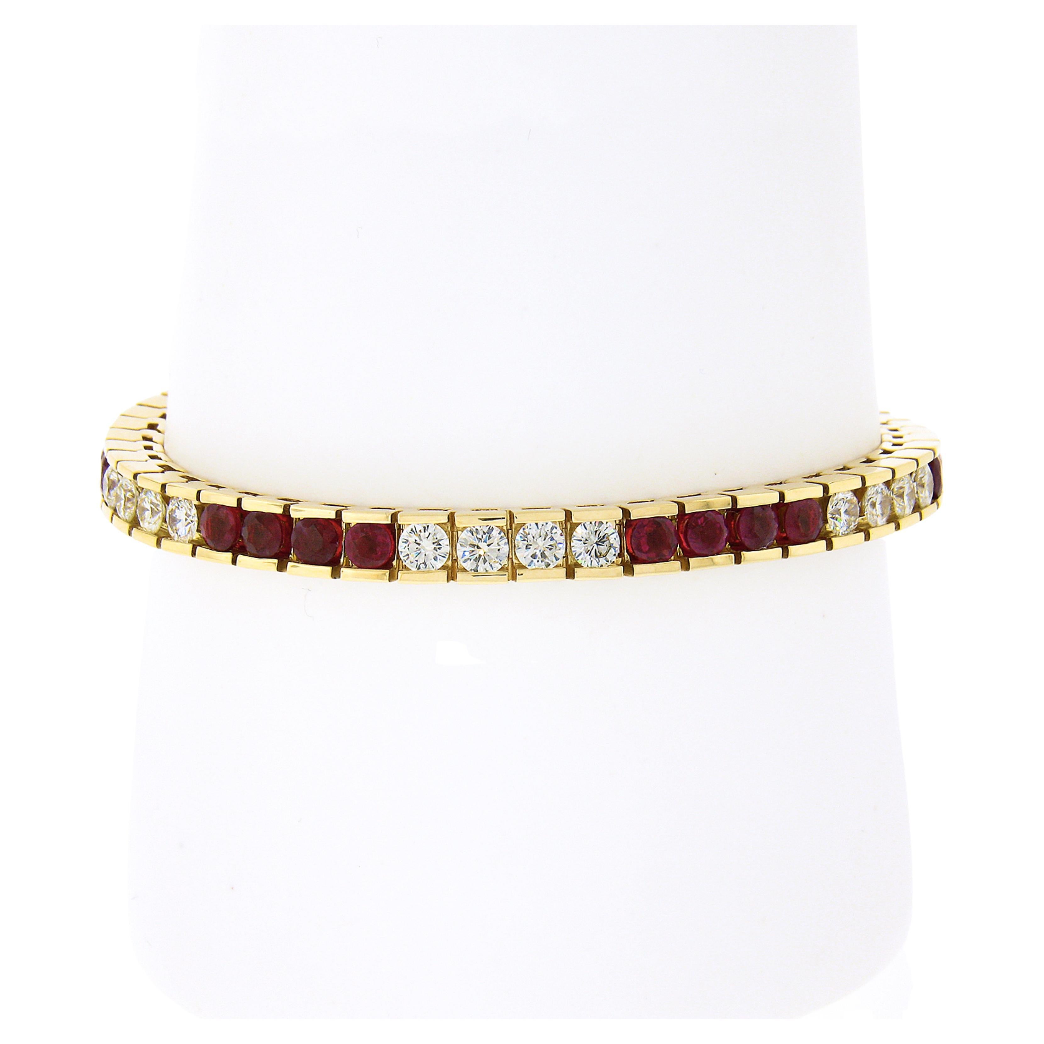 This breathtaking and solidly made line tennis bracelet is crafted in solid 18k yellow gold and features truly fine quality natural ruby and diamond stones that are individually channel set in r squared and smoothly connected links throughout. The