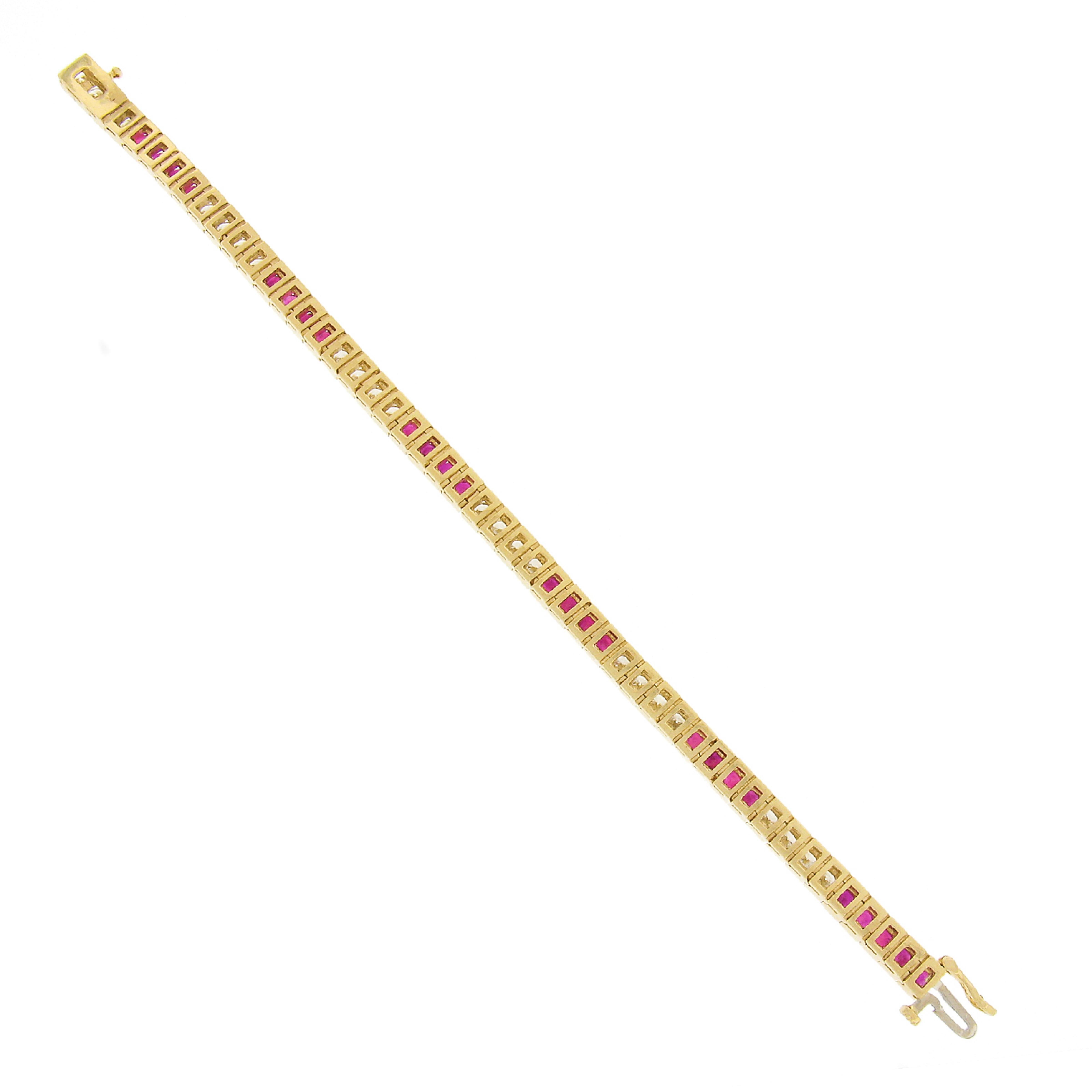 Round Cut Estate 18k Gold 9.75ctw Alternating Ruby & Diamond Line Tennis Bracelet For Sale