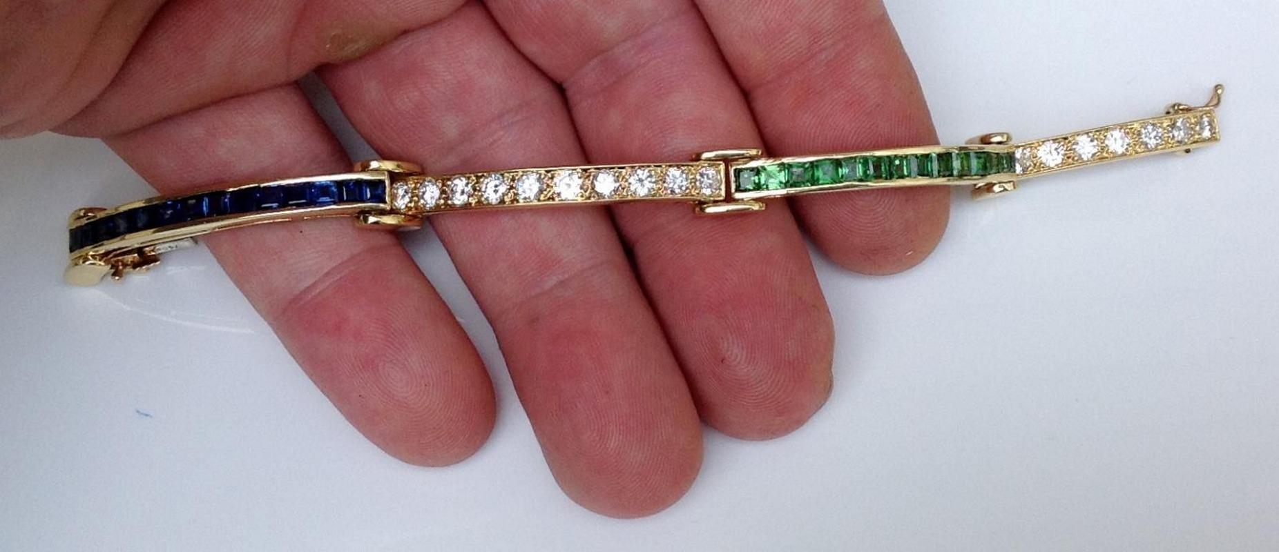 Estate 18K Gold 7.2 CTW Natural Sapphire, Tsavorite & Diamond Bracelet 26 Grams  For Sale 6