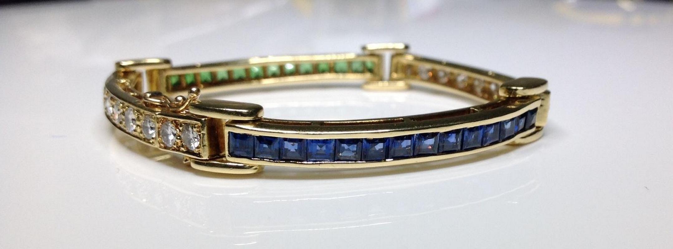 Round Cut Estate 18K Gold 7.2 CTW Natural Sapphire, Tsavorite & Diamond Bracelet 26 Grams  For Sale