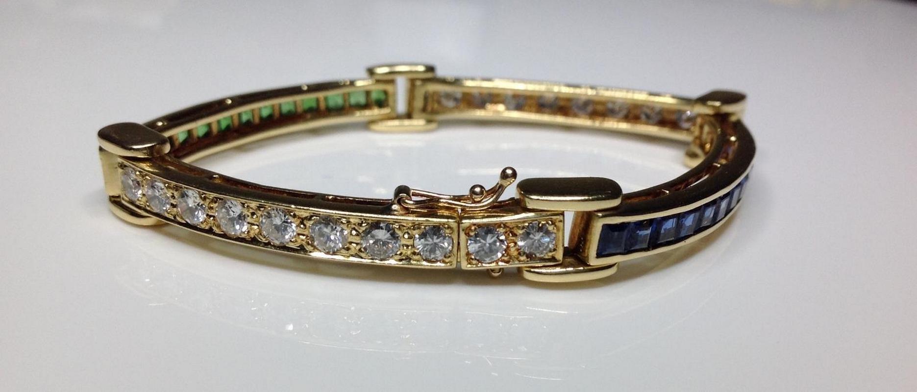 Women's or Men's Estate 18K Gold 7.2 CTW Natural Sapphire, Tsavorite & Diamond Bracelet 26 Grams  For Sale