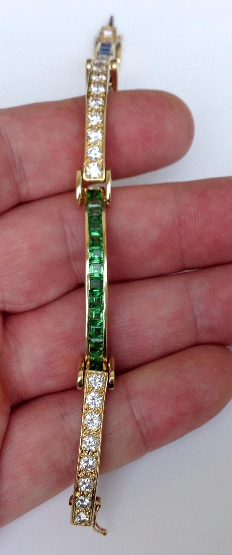Estate 18K Gold 7.2 CTW Natural Sapphire, Tsavorite & Diamond Bracelet 26 Grams  For Sale 2