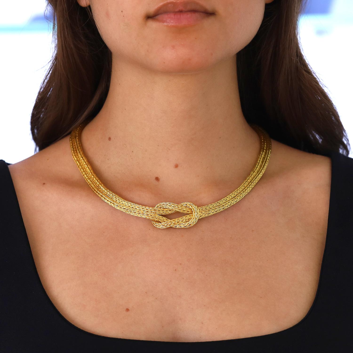An impressive necklace, fabricated of rich, high karat 18k gold, the woven Byzantine rope is braided into a timeless Hercules knot. A symbol of love, commitment and protection, this would make for a marvelous wedding gift. Vintage 1970s with a
