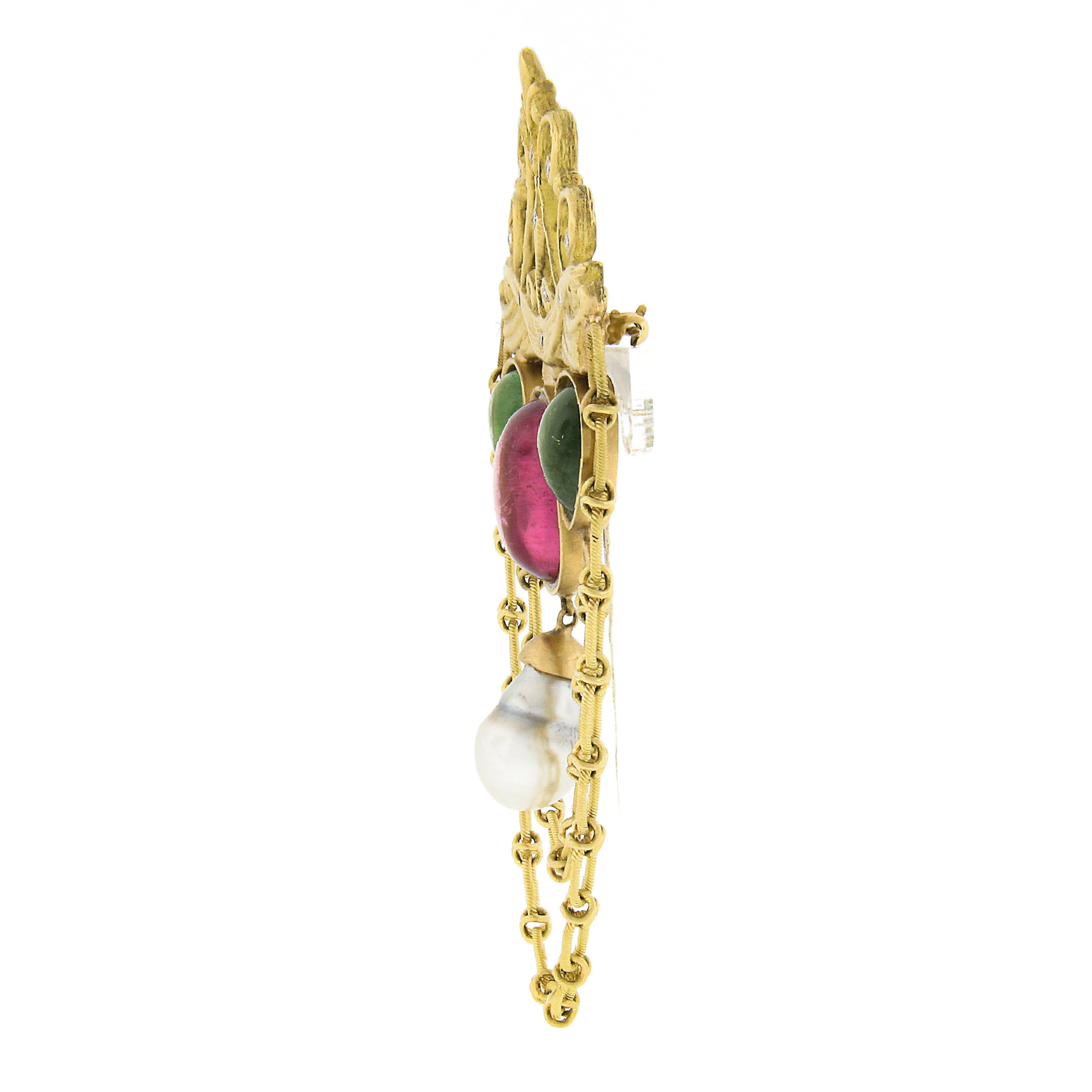 Estate 18k Gold Diamond Cabochon Pink Green Tourmaline Pearl Large Chain Brooch In Excellent Condition For Sale In Montclair, NJ