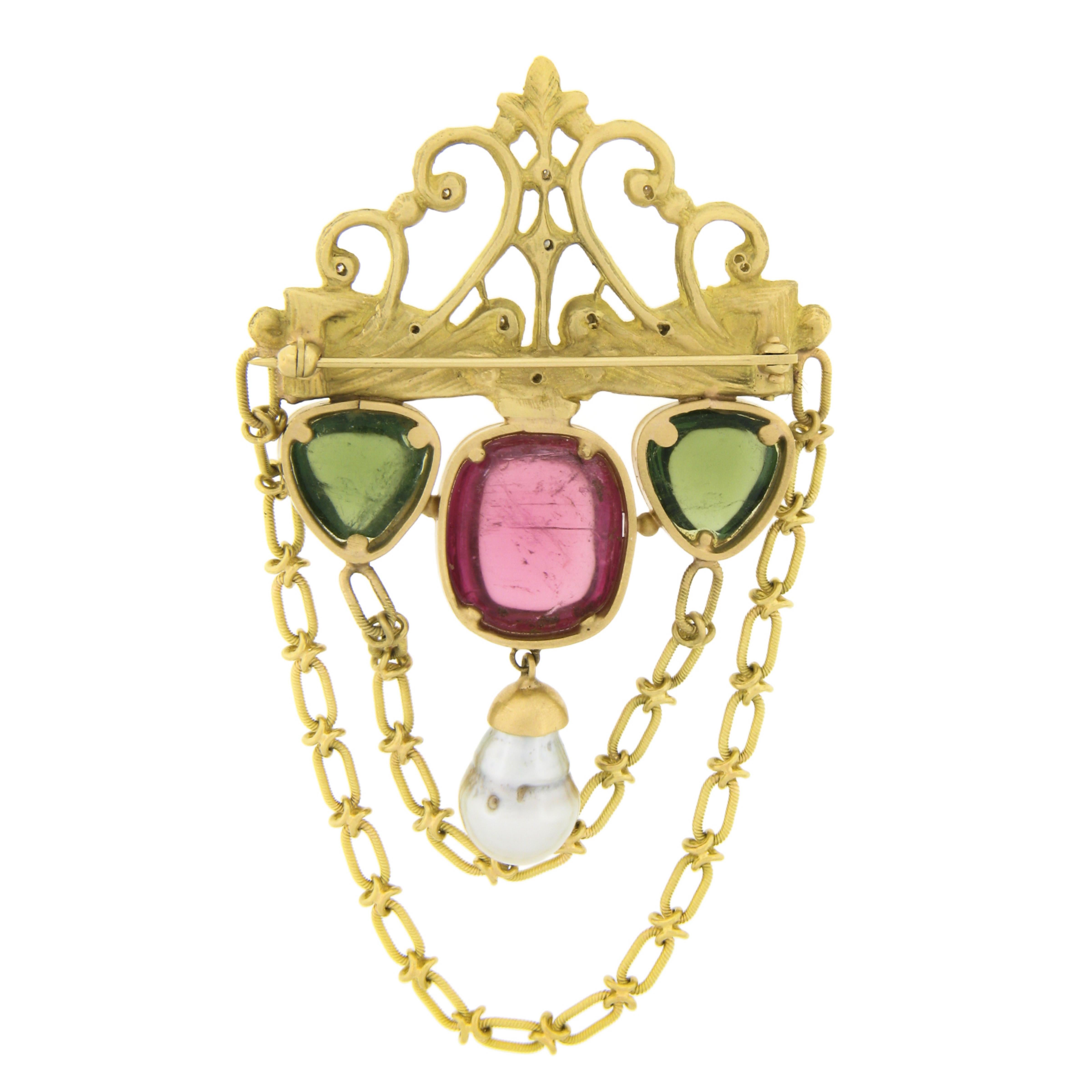 Women's or Men's Estate 18k Gold Diamond Cabochon Pink Green Tourmaline Pearl Large Chain Brooch For Sale