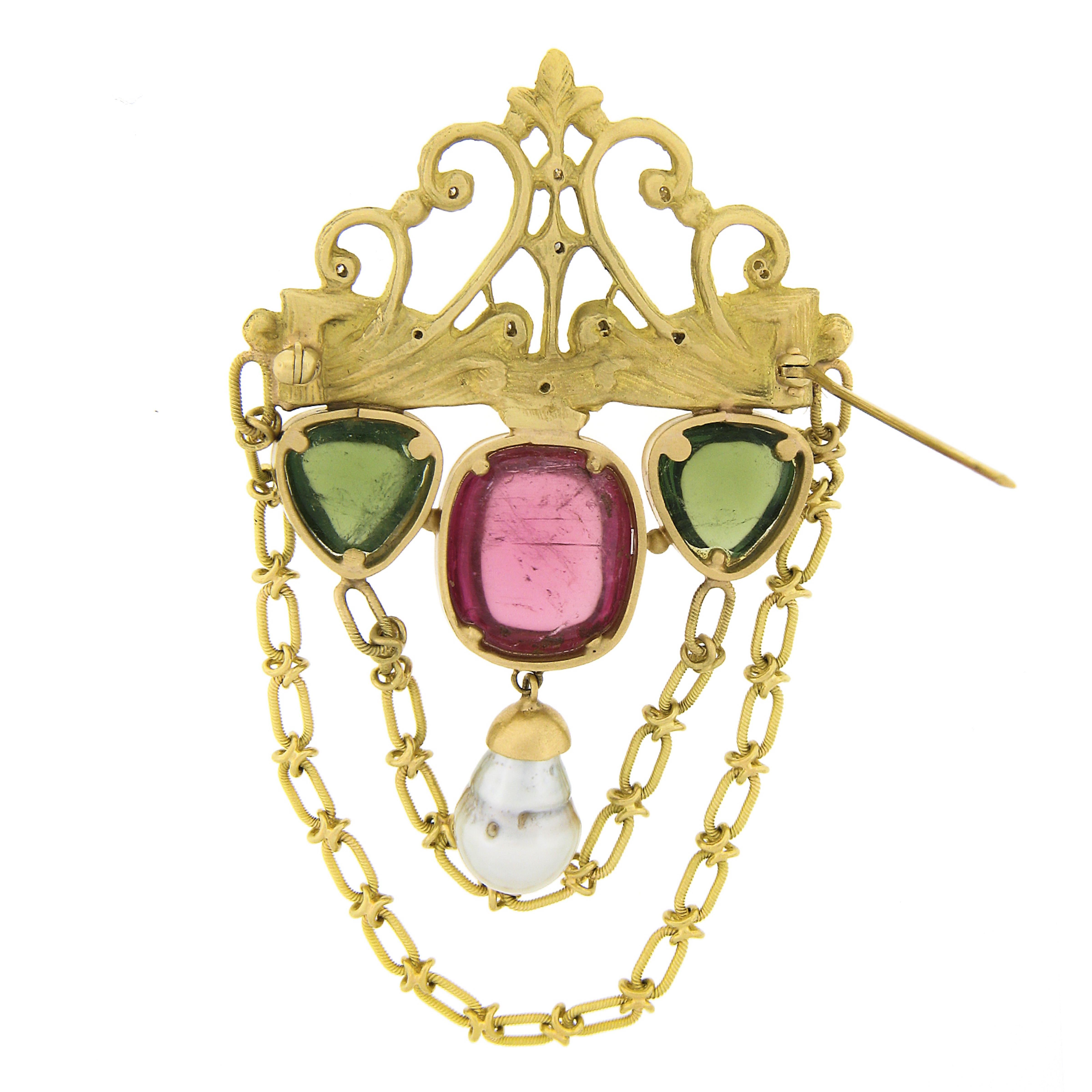 Estate 18k Gold Diamond Cabochon Pink Green Tourmaline Pearl Large Chain Brooch For Sale 1