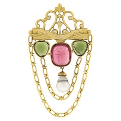 Estate 18k Gold Diamond Cabochon Pink Green Tourmaline Pearl Large Chain Brooch