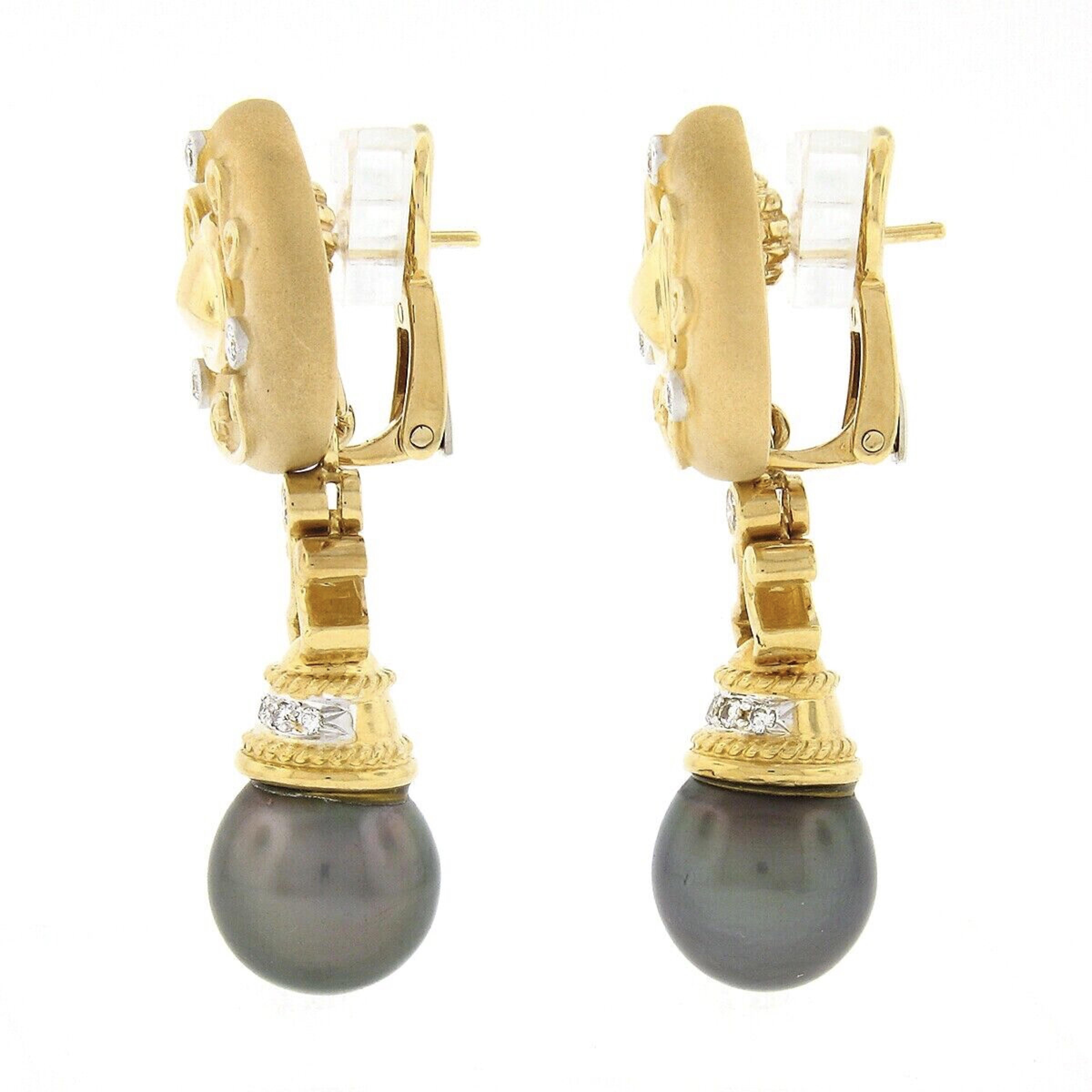 Round Cut Estate 18K Gold Diamond & Tahitian Pearl Drop Dangle Enhancer Clip On Earrings