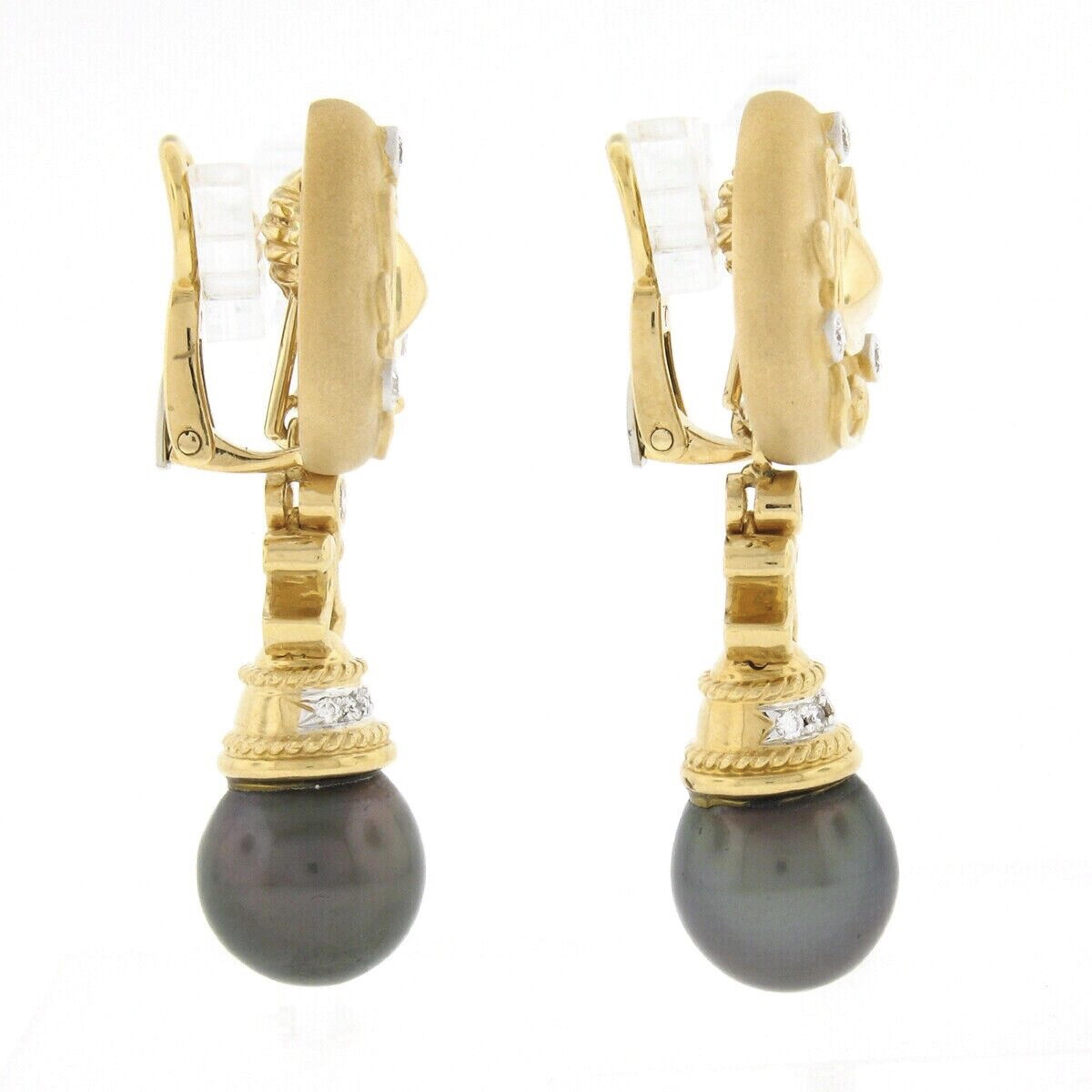 Estate 18K Gold Diamond & Tahitian Pearl Drop Dangle Enhancer Clip On Earrings In Good Condition In Montclair, NJ