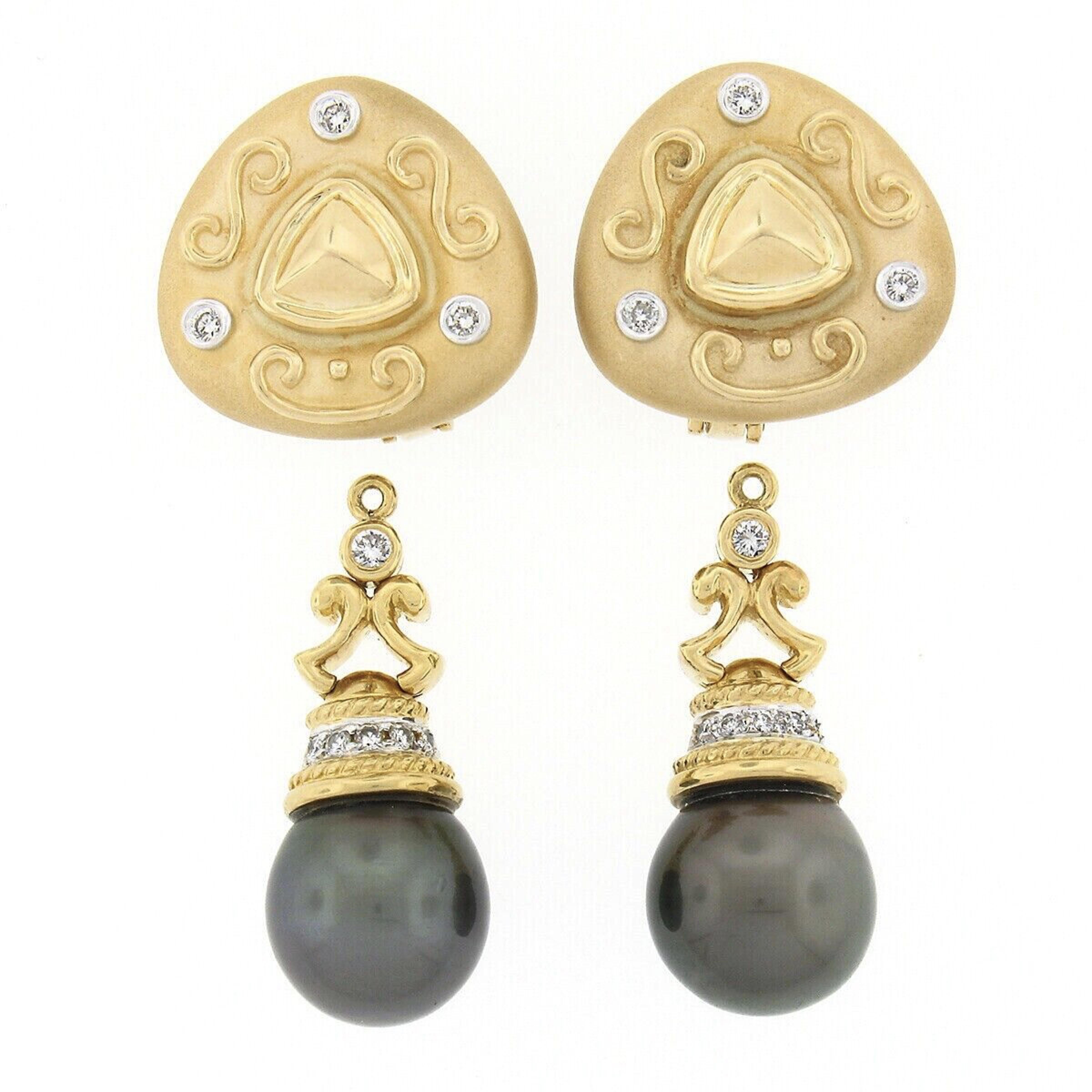 Women's Estate 18K Gold Diamond & Tahitian Pearl Drop Dangle Enhancer Clip On Earrings