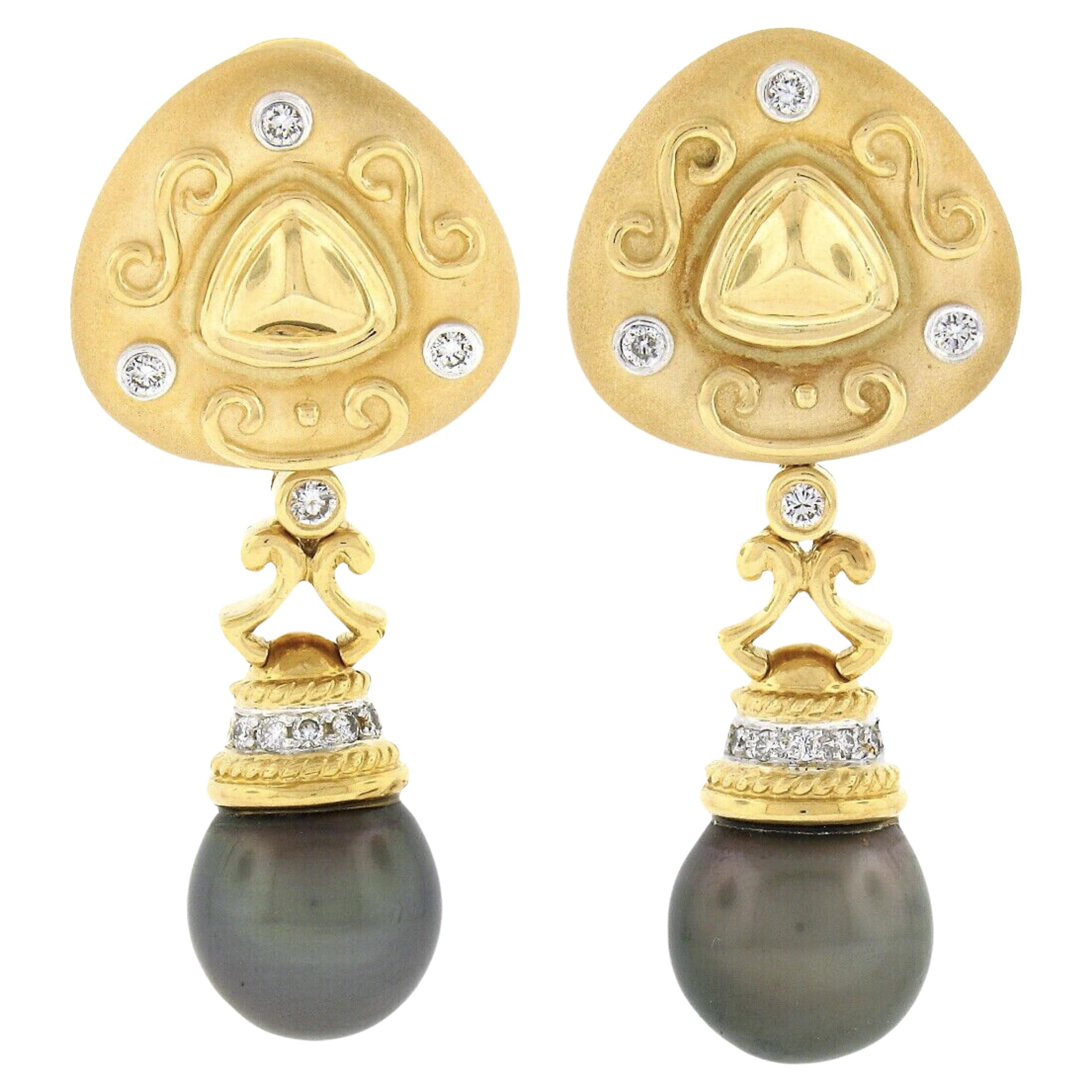 Estate 18K Gold Diamond & Tahitian Pearl Drop Dangle Enhancer Clip On Earrings