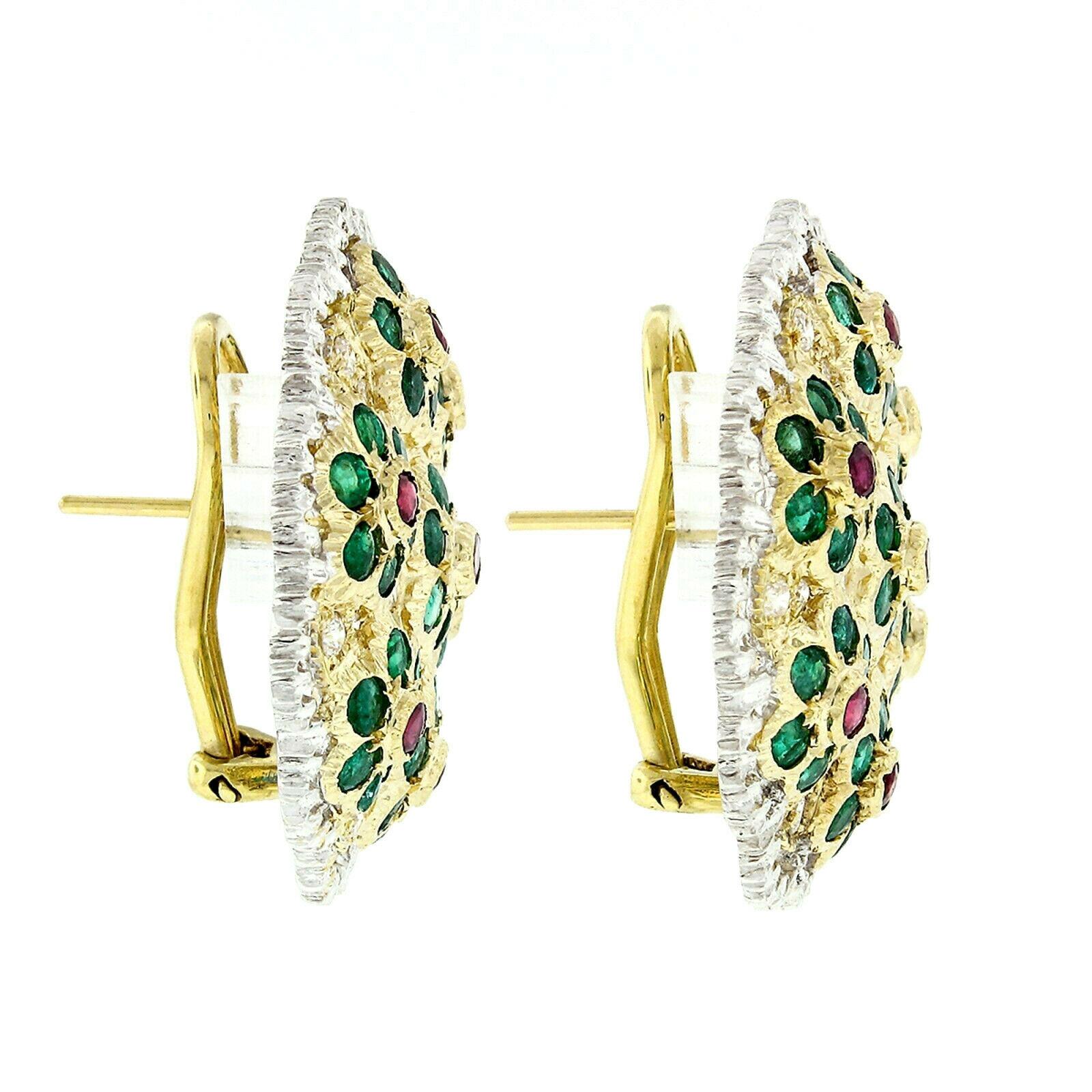 Estate 18k Gold Emerald Ruby Diamond Daisy Flower Large Colorful Button Earrings In Excellent Condition For Sale In Montclair, NJ