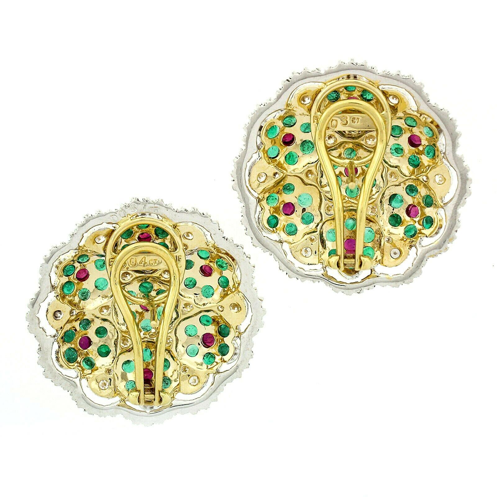 Women's Estate 18k Gold Emerald Ruby Diamond Daisy Flower Large Colorful Button Earrings For Sale