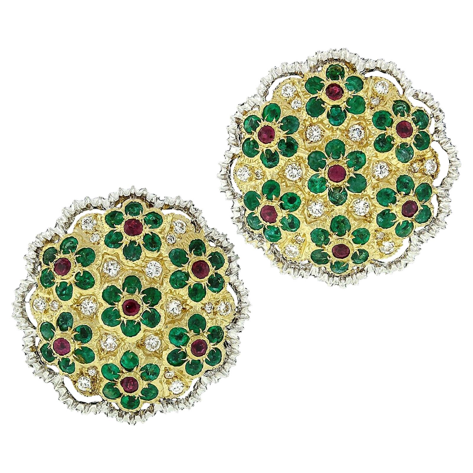 Estate 18k Gold Emerald Ruby Diamond Daisy Flower Large Colorful Button Earrings For Sale