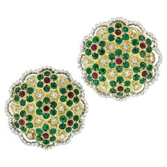 Retro Estate 18k Gold Emerald Ruby Diamond Daisy Flower Large Colorful Button Earrings
