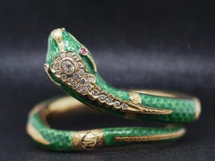 Estate 18K Gold Enamel Serpent Bangle with Old Mine Diamond - VHK#870a