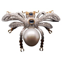 Estate 18K Gold Fly Bug Brooch with Diamonds, Sapphire and Pearls - VHK#483A