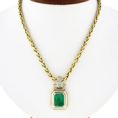 Estate 18k Gold GIA Colombian Emerald Diamond Pendant Wheat Link Chain Necklace