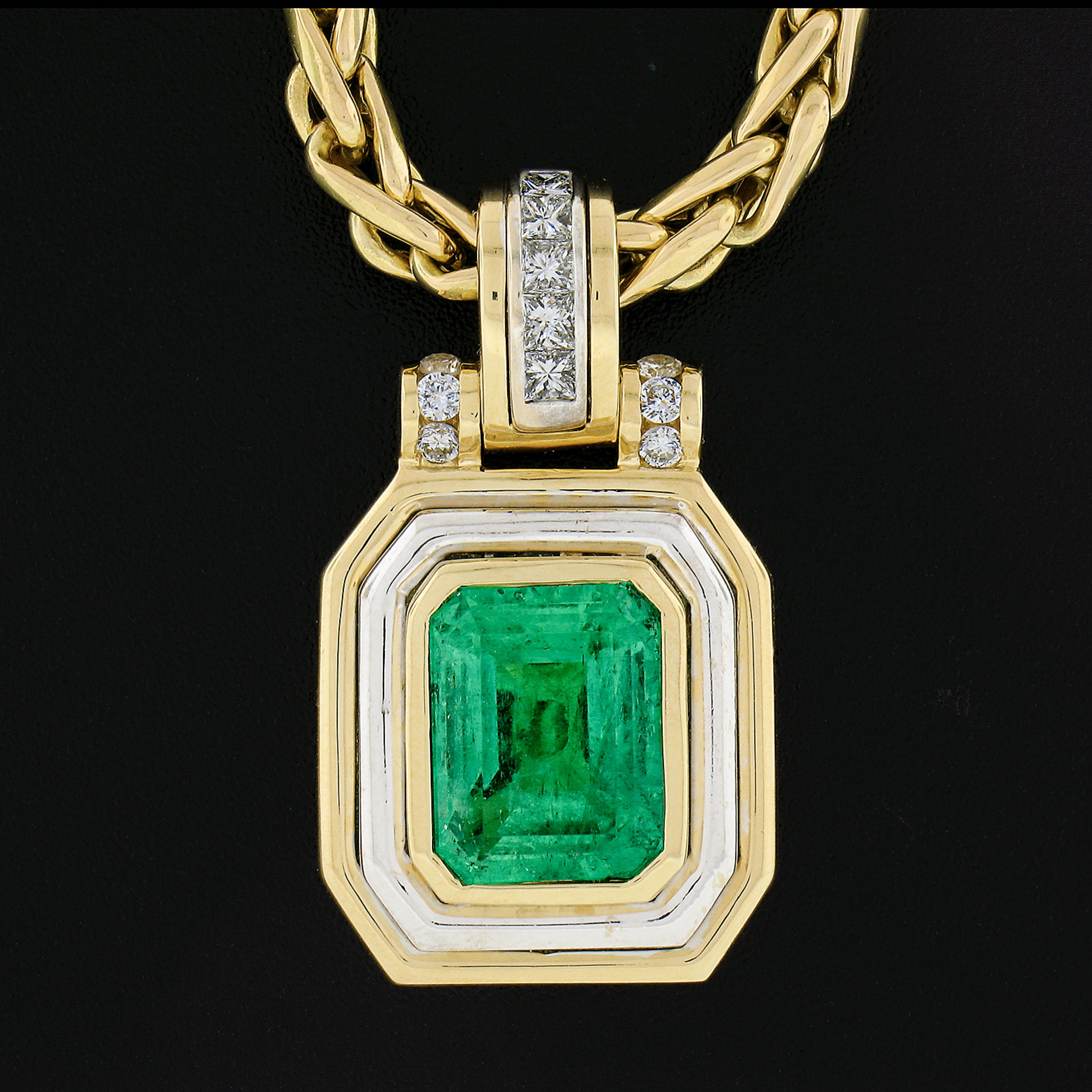 Nachlass 18k Gold GIA kolumbianische Smaragd-Diamant-Anhänger Weizen Gliederkette Halskette (Achteckschliff)