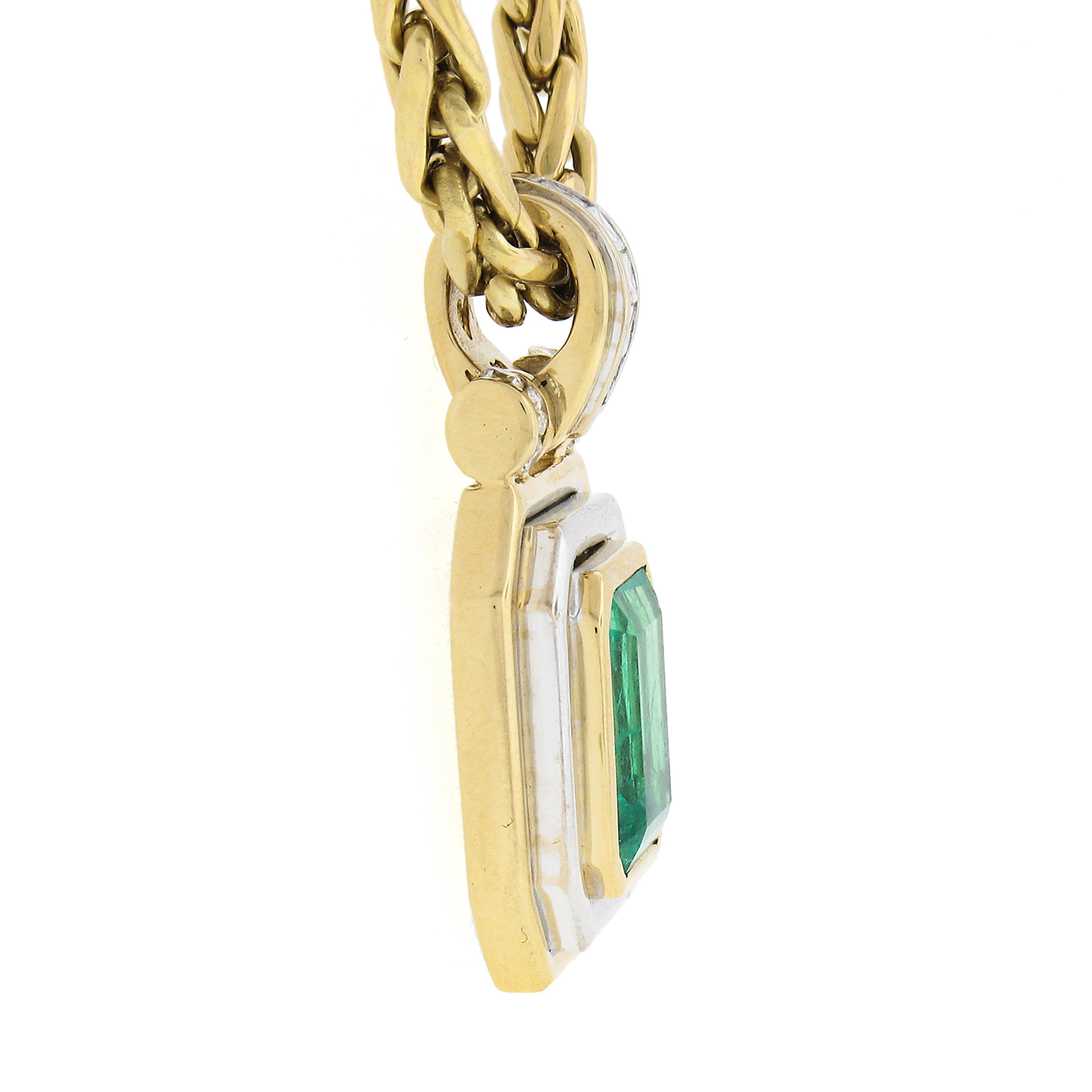 Nachlass 18k Gold GIA kolumbianische Smaragd-Diamant-Anhänger Weizen Gliederkette Halskette im Zustand „Hervorragend“ in Montclair, NJ