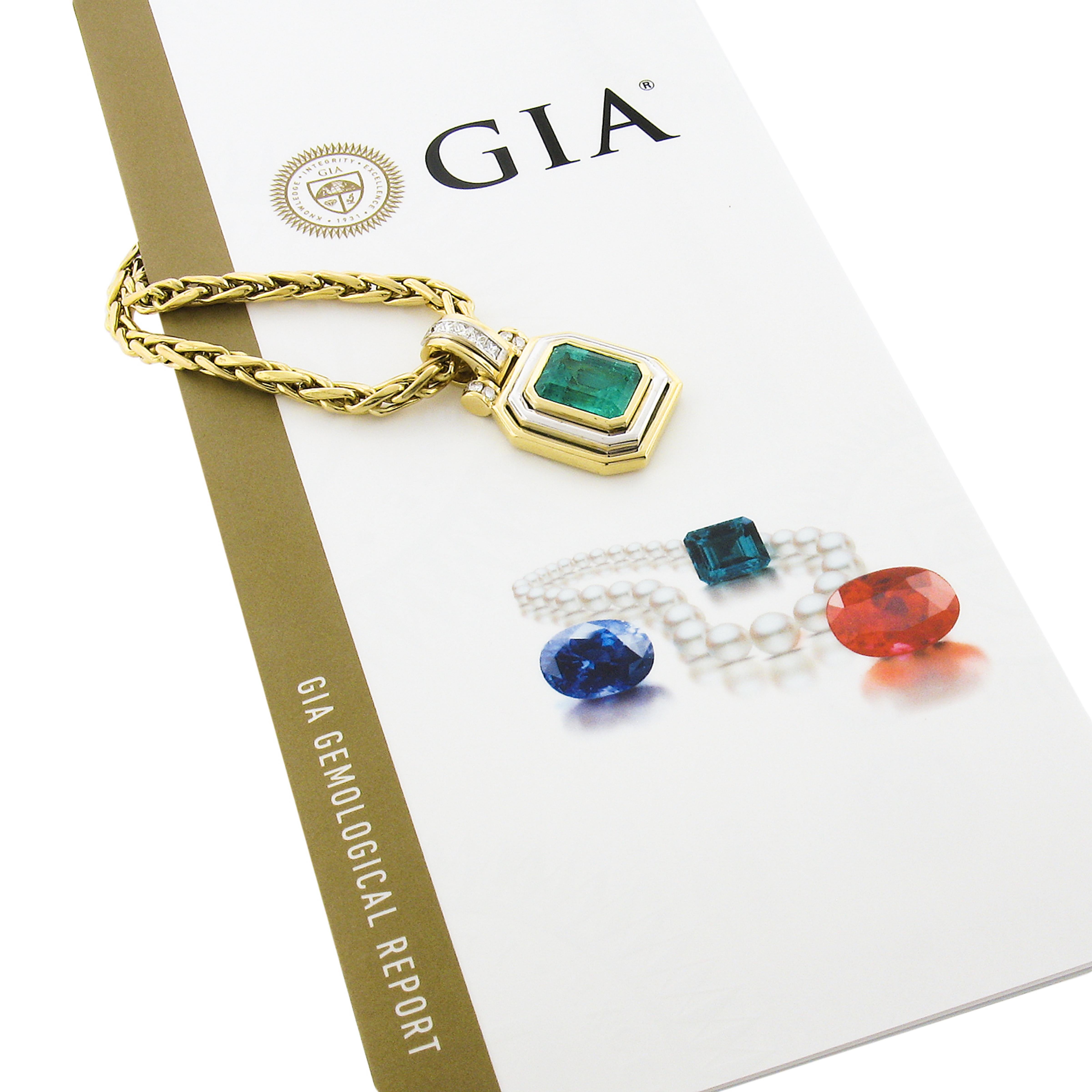 Nachlass 18k Gold GIA kolumbianische Smaragd-Diamant-Anhänger Weizen Gliederkette Halskette 3