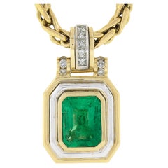 Estate 18k Gold GIA Colombian Emerald Diamond Pendant Wheat Link Chain Necklace