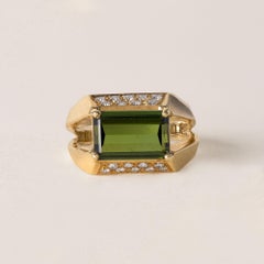 Estate 18K Gold Green Tourmaline Emerald Cut Diamond Pave Modernist Ring