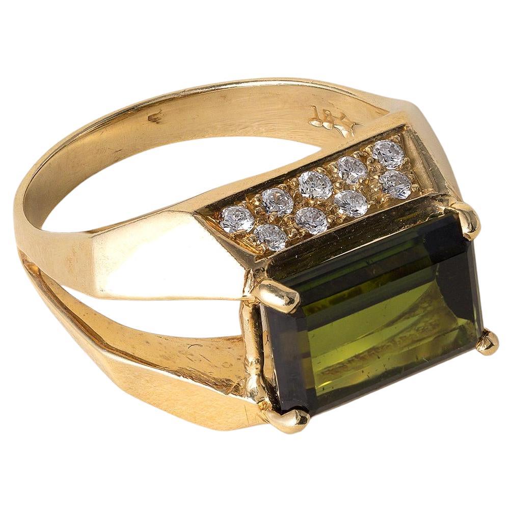 Estate 18K Gold Green Tourmaline Emerald Cut Diamond Pave Modernist Ring For Sale