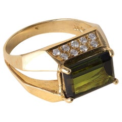 Estate 18K Gold Green Tourmaline Emerald Cut Diamond Pave Modernist Ring