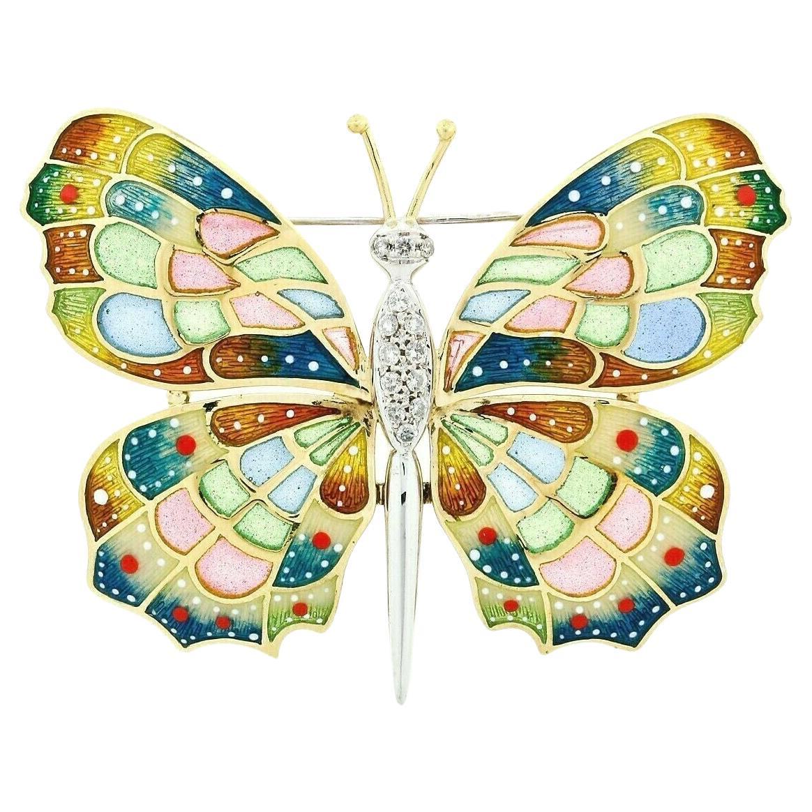 Estate 18k Gold Large Colorful Plique Jour Enamel Diamond Butterfly Brooch Pin