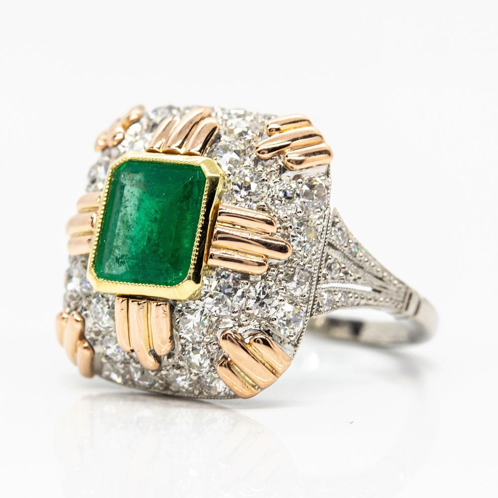 Art Deco Estate 18 Karat Gold and Platinum Emerald and Diamond Ring For Sale