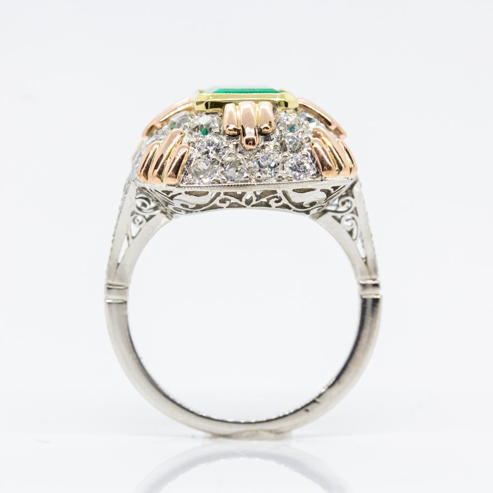 Old Mine Cut Estate 18 Karat Gold and Platinum Emerald and Diamond Ring For Sale